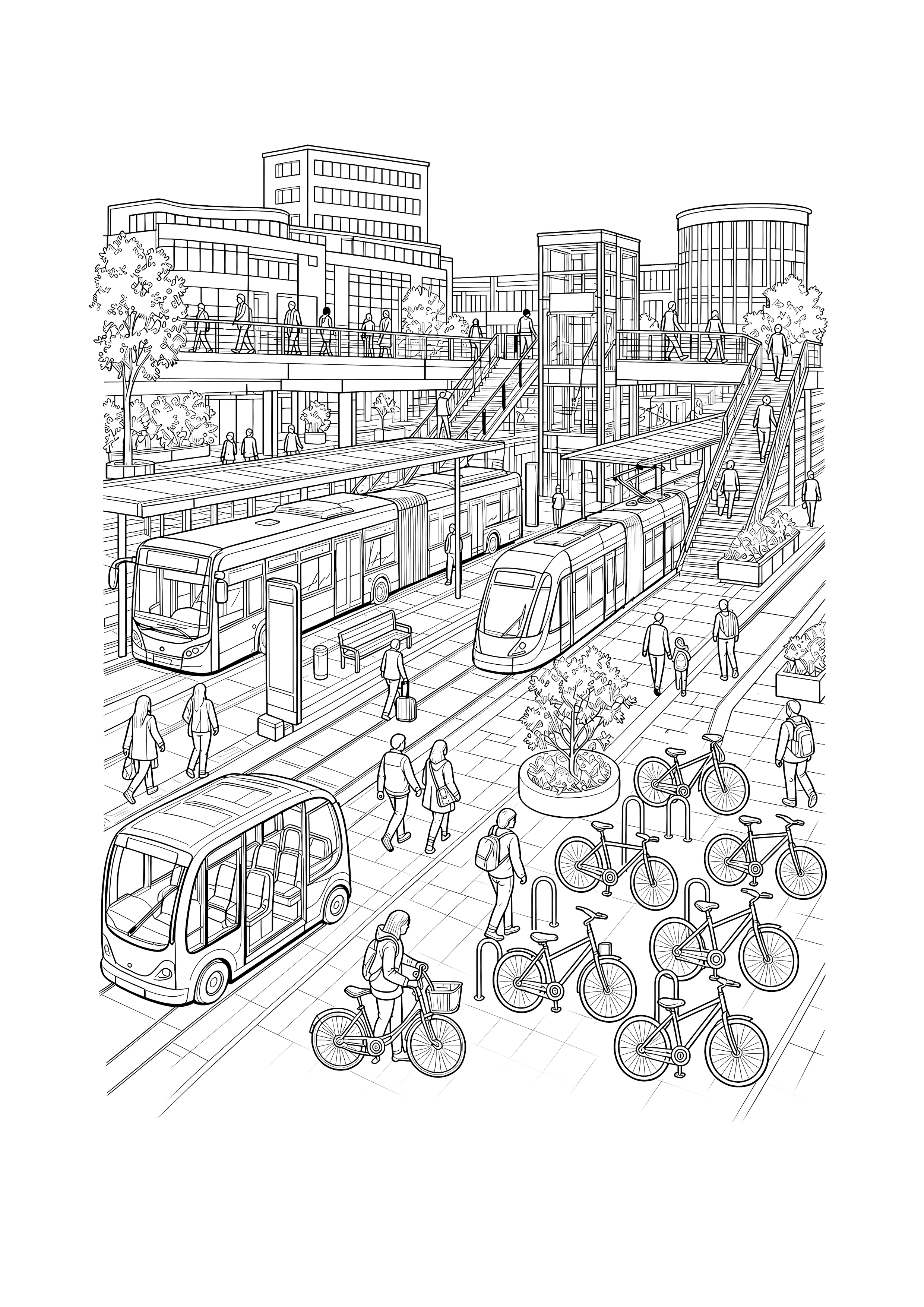 Moderner Verkehrsknoten — Straßenbahn, Gelenkbus, Shuttle und viele Fahrräder treffen an einem modernen Verkehrsknoten zusammen.
