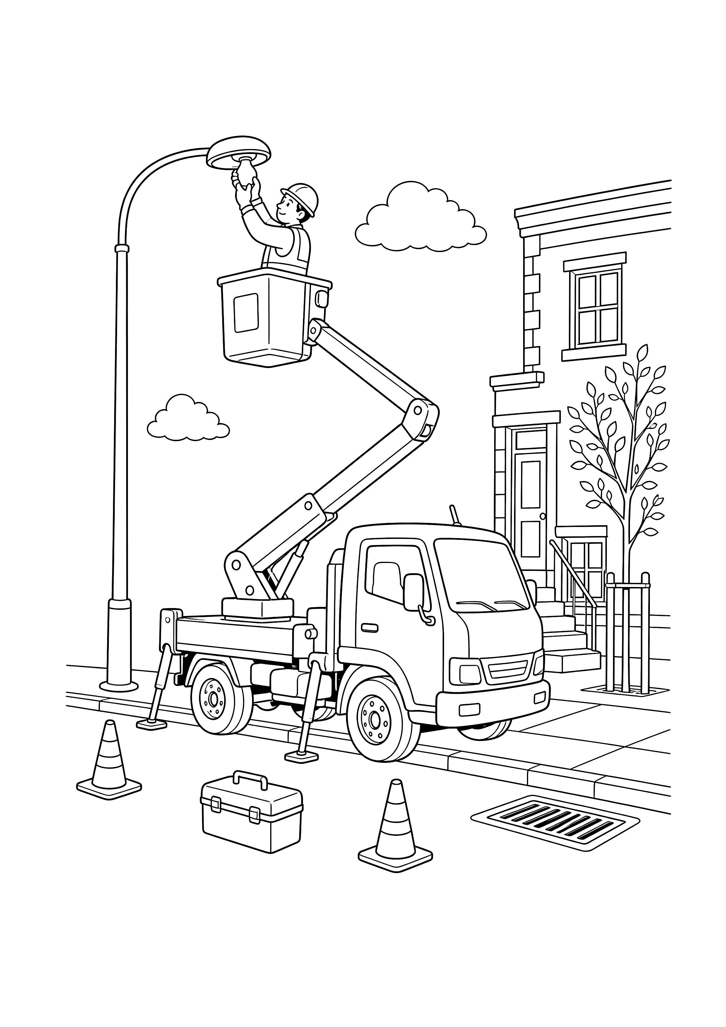 Hubsteiger repariert eine Straßenlaterne — Ein Techniker wechselt von einem Hubsteiger aus eine Straßenlampe zwischen Haus, Baum und Absperrkegeln.