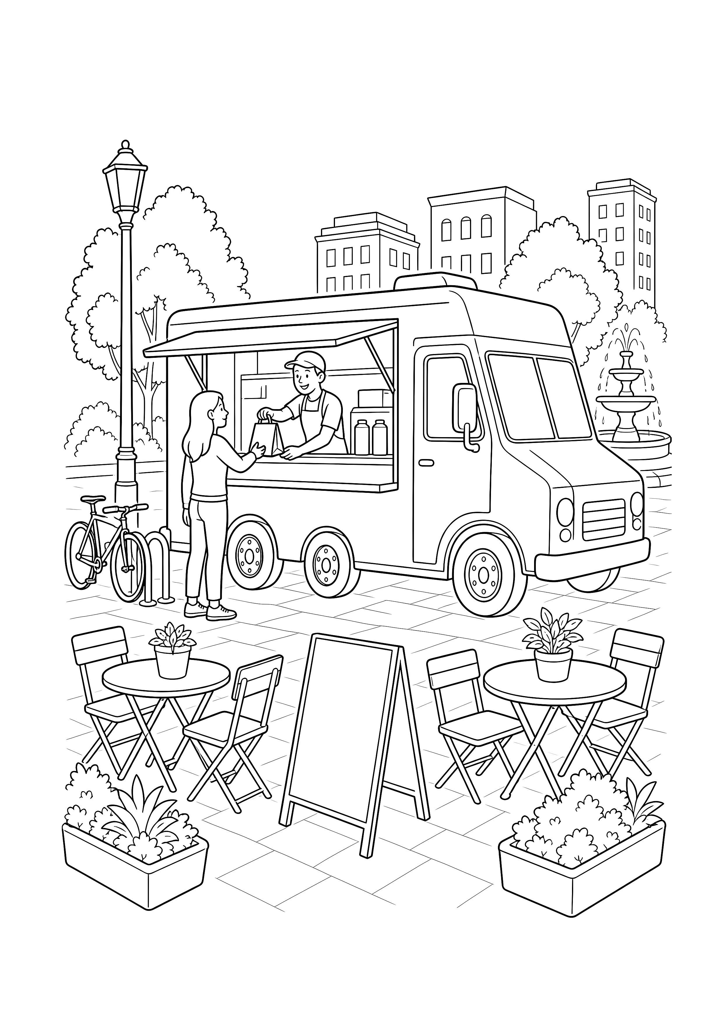 Foodtruck auf dem Stadtplatz — Ein Foodtruck bedient einen Gast zwischen Cafétischen, Fahrrädern, Pflanzkübeln und Brunnen.