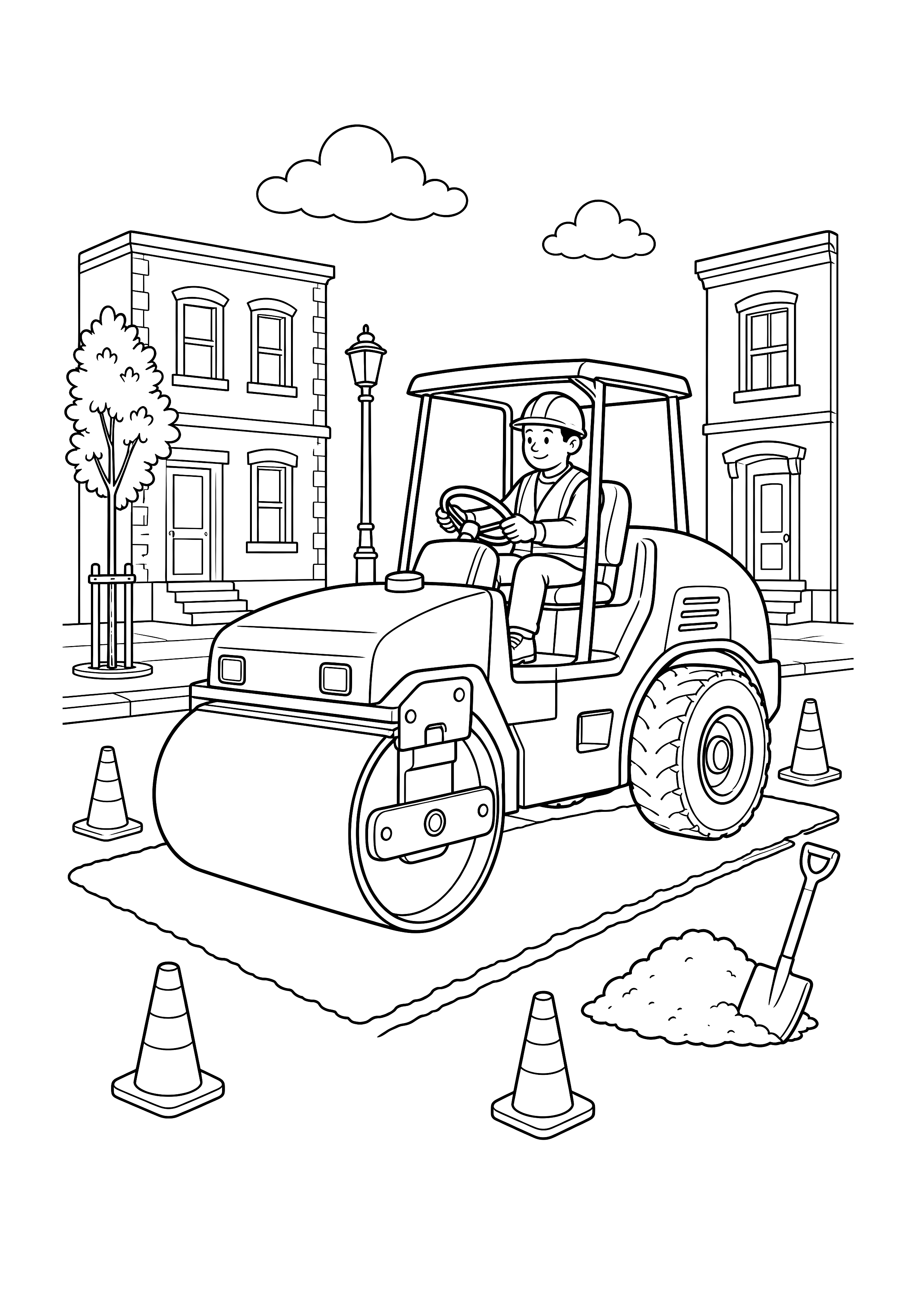 Straßenwalze auf der Baustelle — Eine große Straßenwalze glättet frischen Asphalt zwischen Häusern, Kegeln, Schaufel und Materialhaufen.
