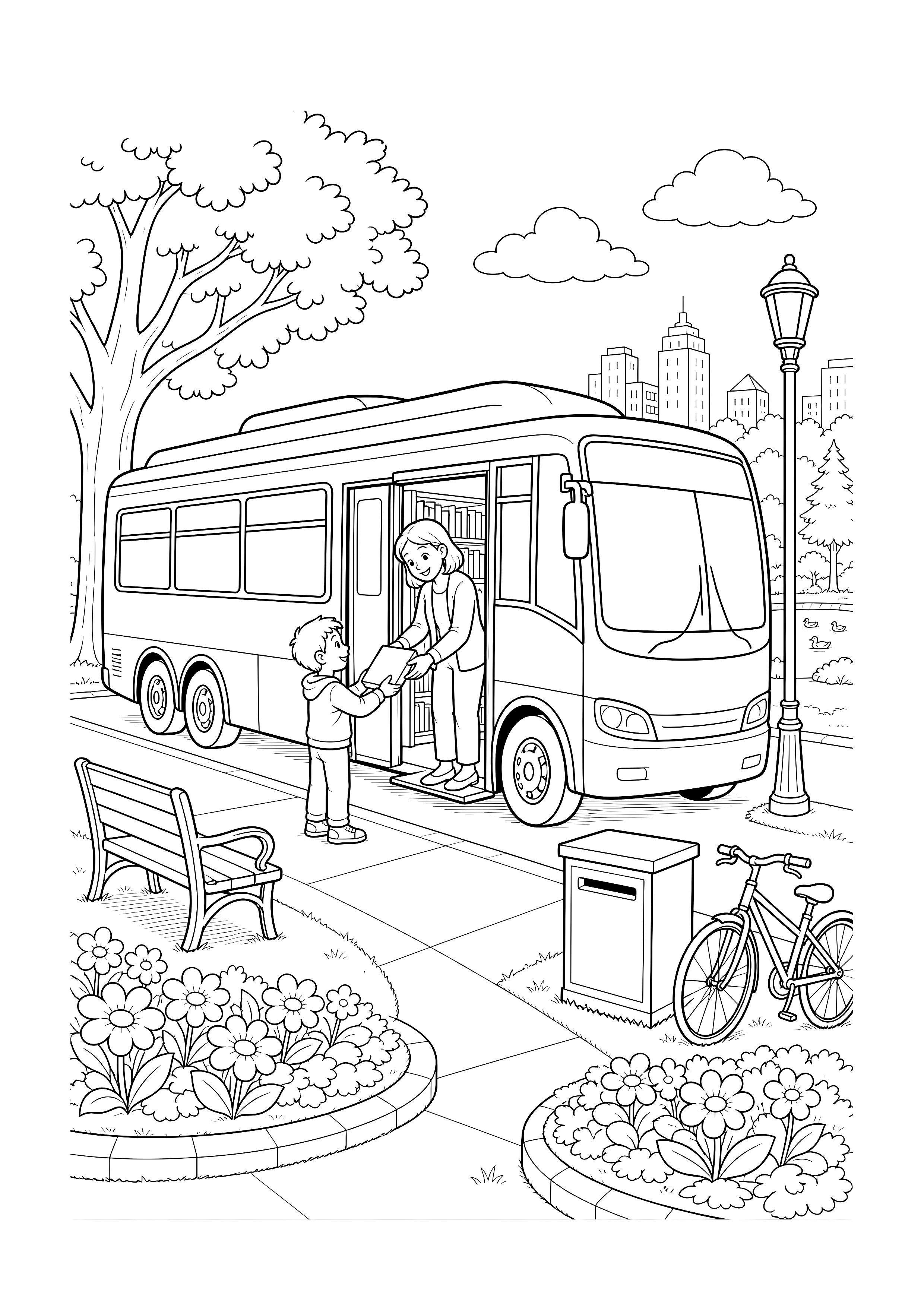 Bücherbus im Stadtpark — Ein Bücherbus hält für ein Kind zwischen Parkbank, Fahrrad, Blumenbeeten und Abfallbehälter.
