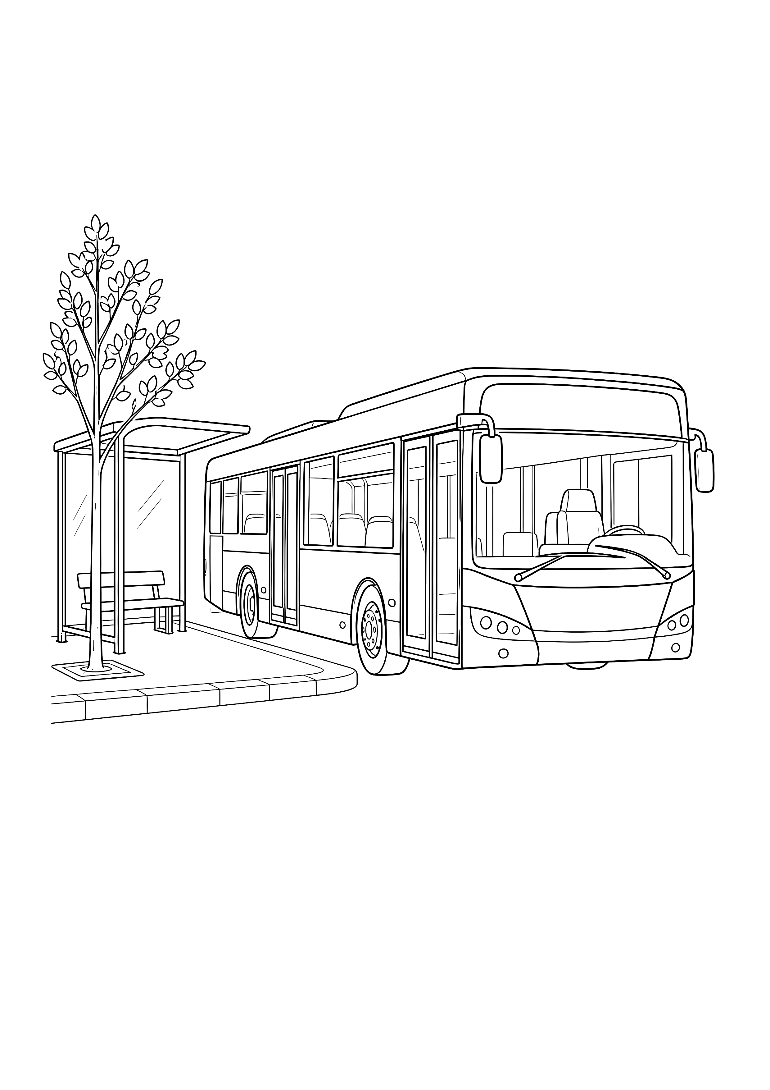 Stadtbus an der Haltestelle — Ein moderner Stadtbus hält an einer ruhigen Haltestelle mit Wartehäuschen und Straßenbaum.