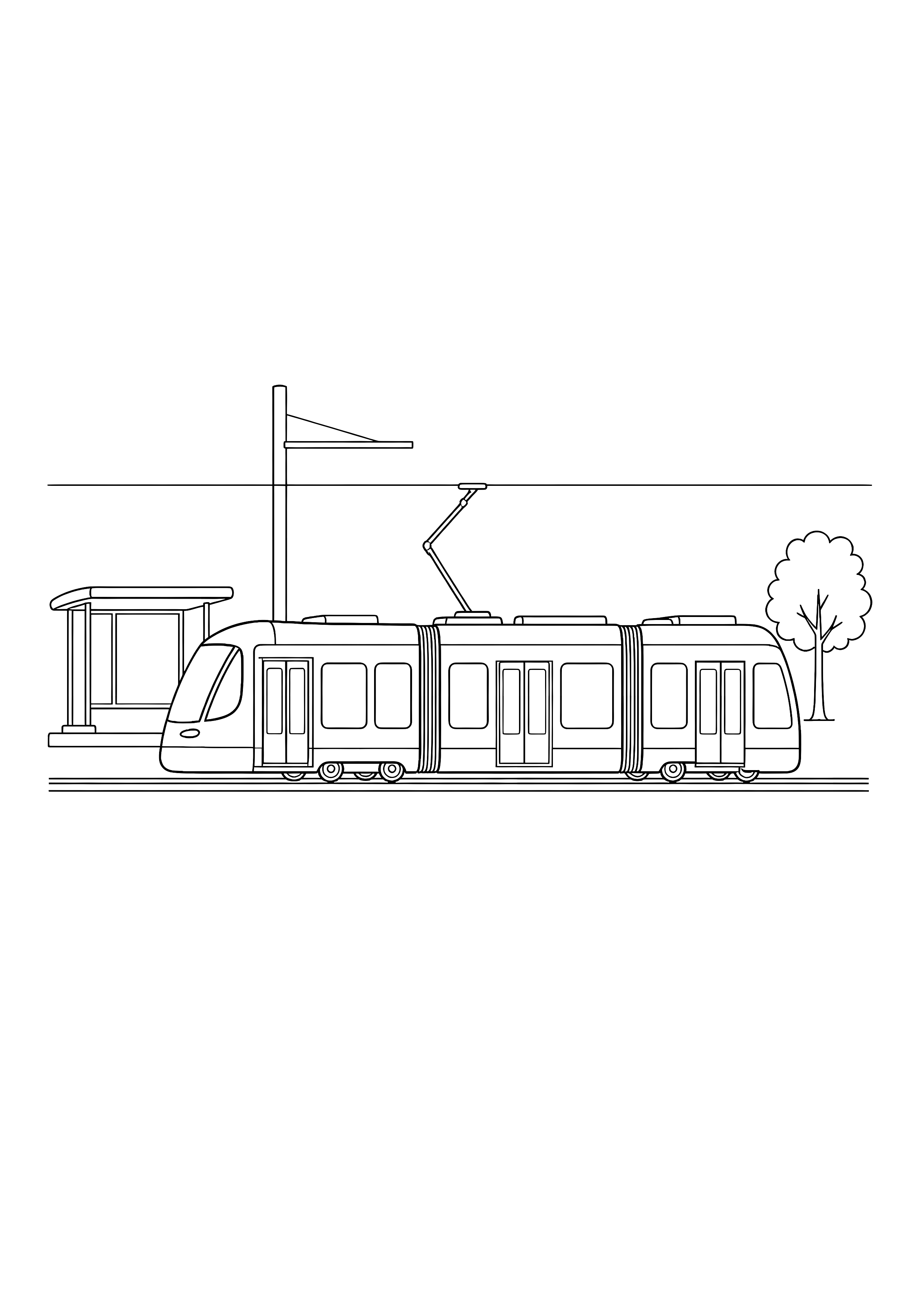 Straßenbahn auf geraden Gleisen — Eine moderne Straßenbahn fährt an einer kleinen Haltestelle über gerade Stadtgleise.