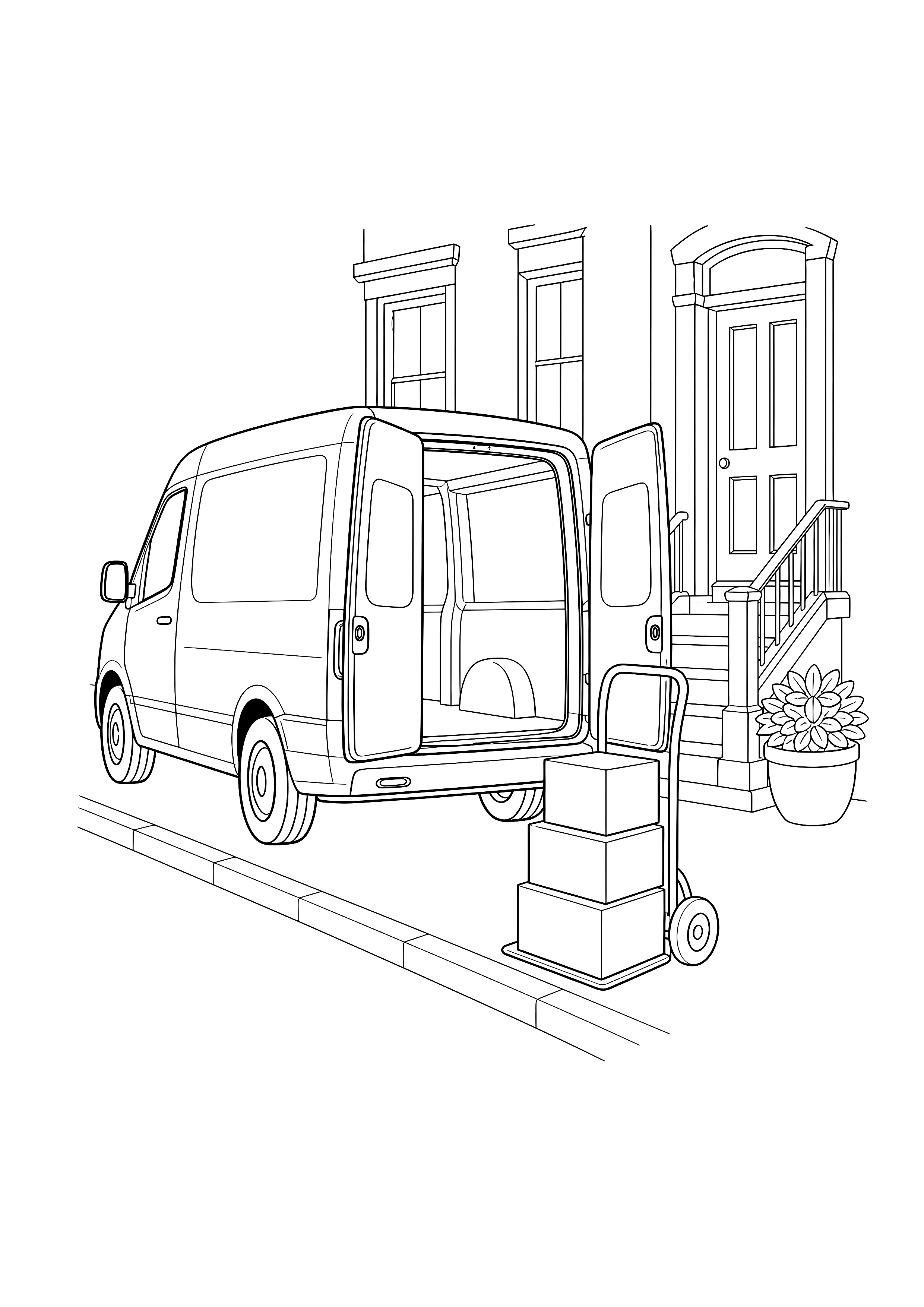 Paketwagen vor dem Stadthaus — Ein elektrischer Lieferwagen steht mit offenen Hecktüren neben Paketen und Sackkarre.