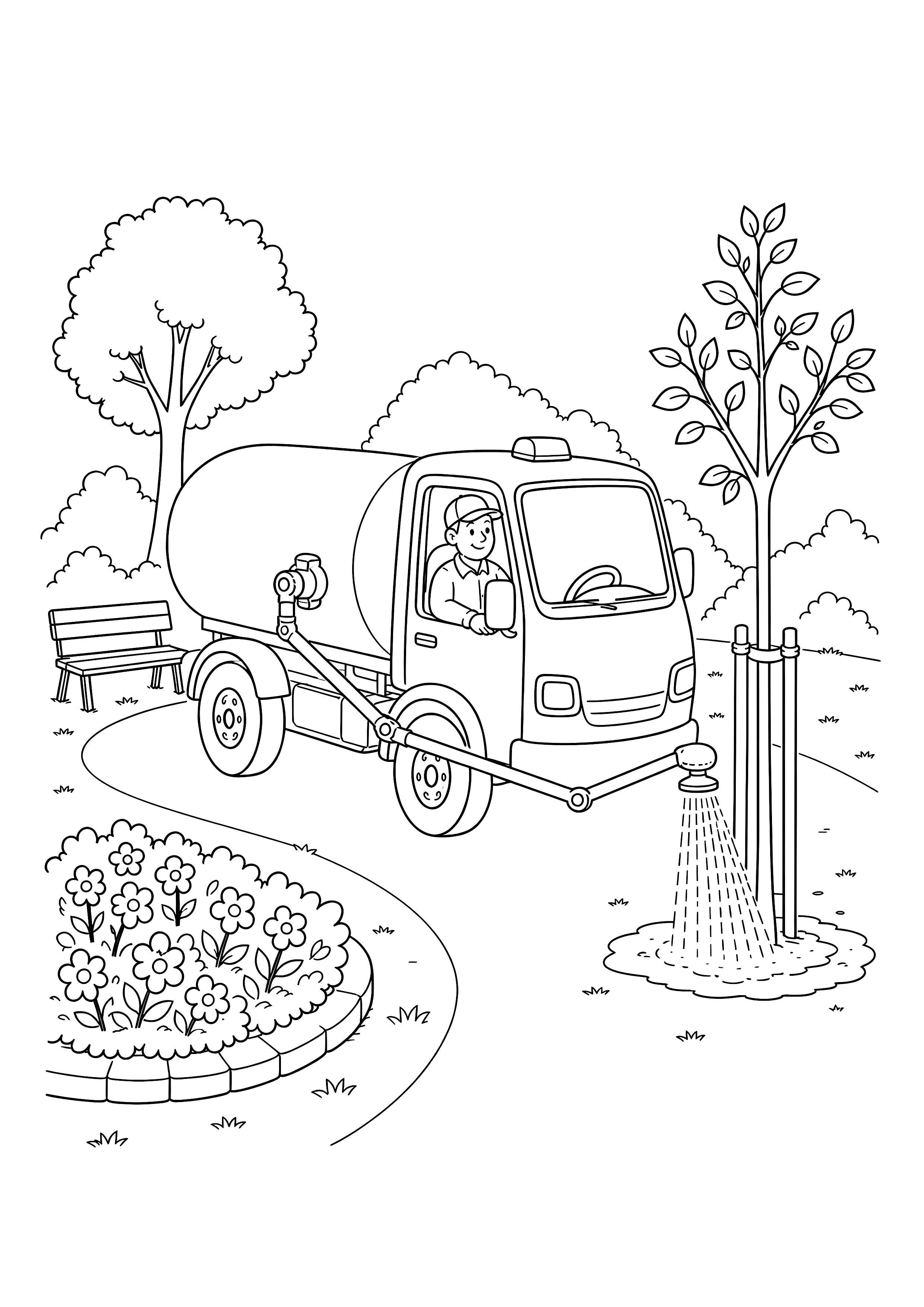 Gießwagen im Stadtpark — Ein kleiner Gießwagen bewässert einen jungen Baum neben Blumenbeet und Parkbank.