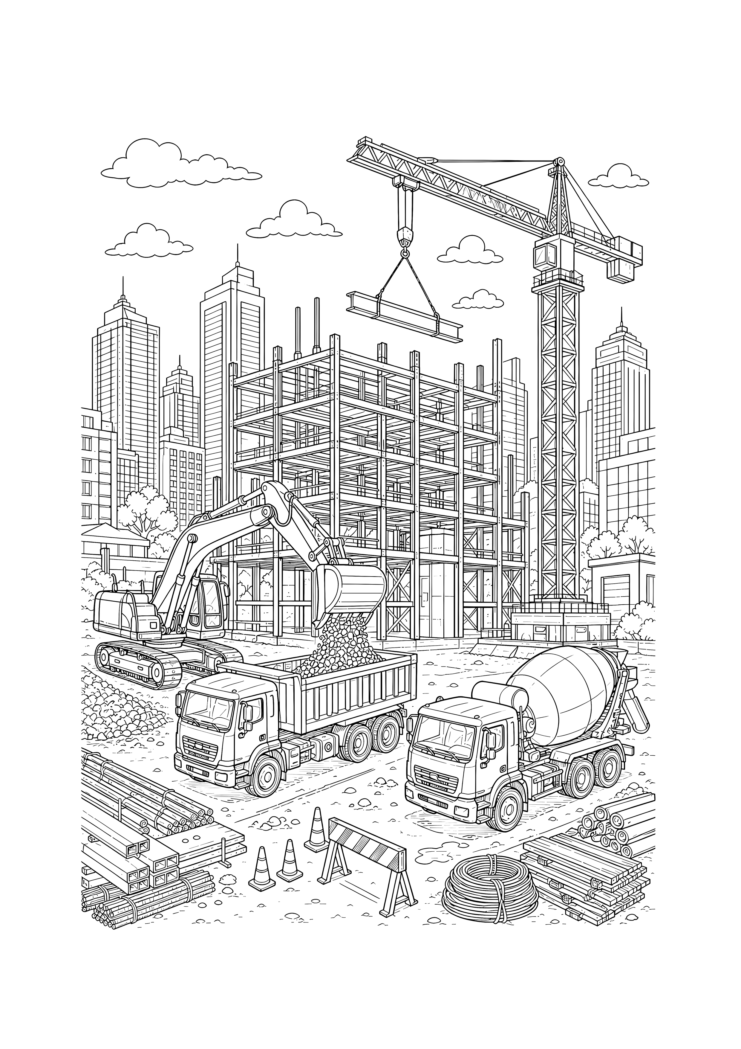 Großbaustelle in der Innenstadt — Bagger, Kipplaster, Betonmischer und Turmkran arbeiten an einem neuen Hochhaus.