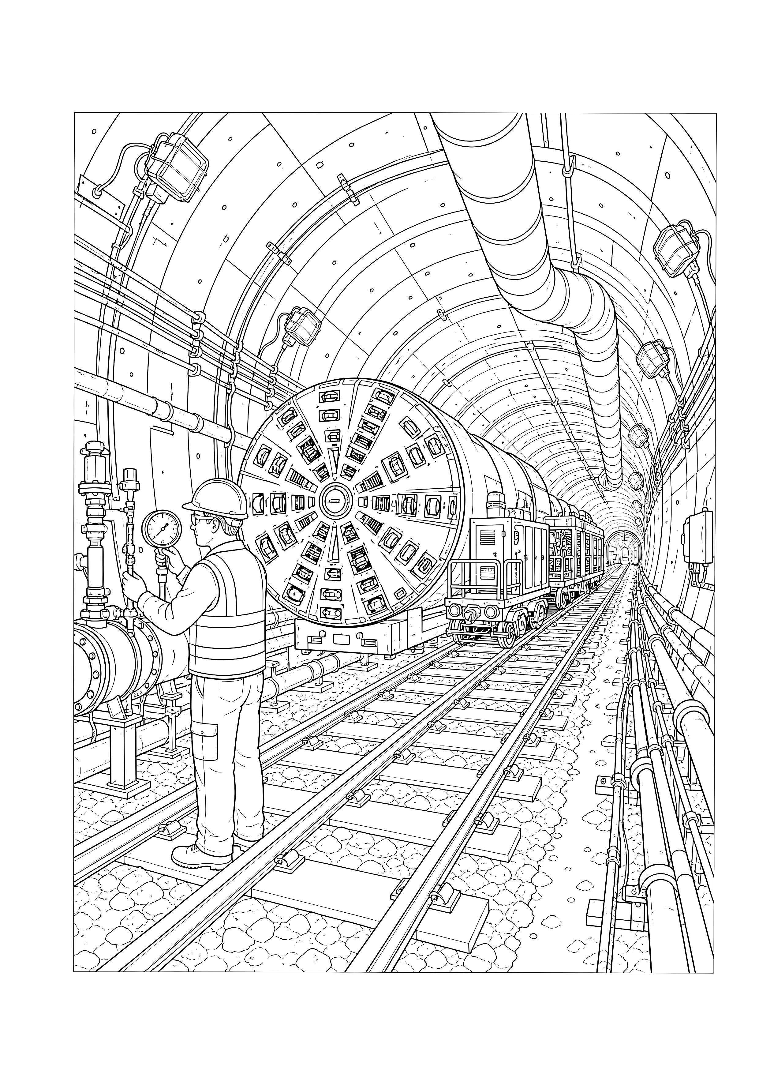 Arbeit tief im Tunnel — Ein Ingenieur prüft Rohre neben Bohrkopf, Servicewagen und langen Tunnelschienen.