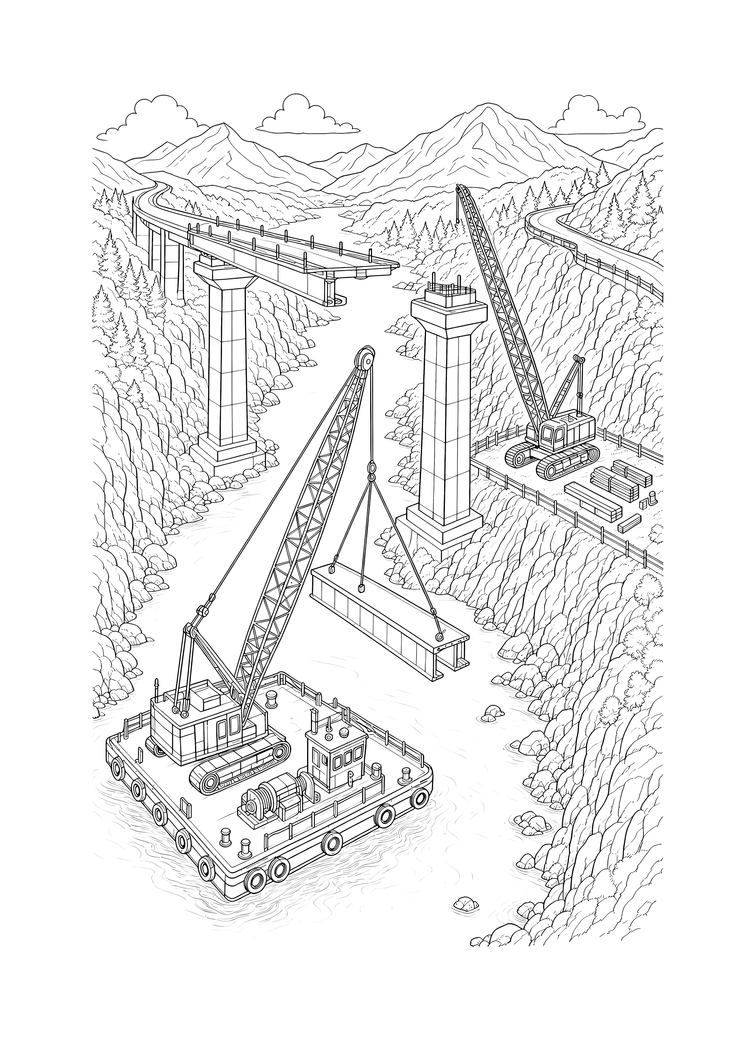 Brückenbau über der Schlucht — Zwei Kräne setzen zwischen hohen Pfeilern ein Brückenteil über dem Fluss ein.