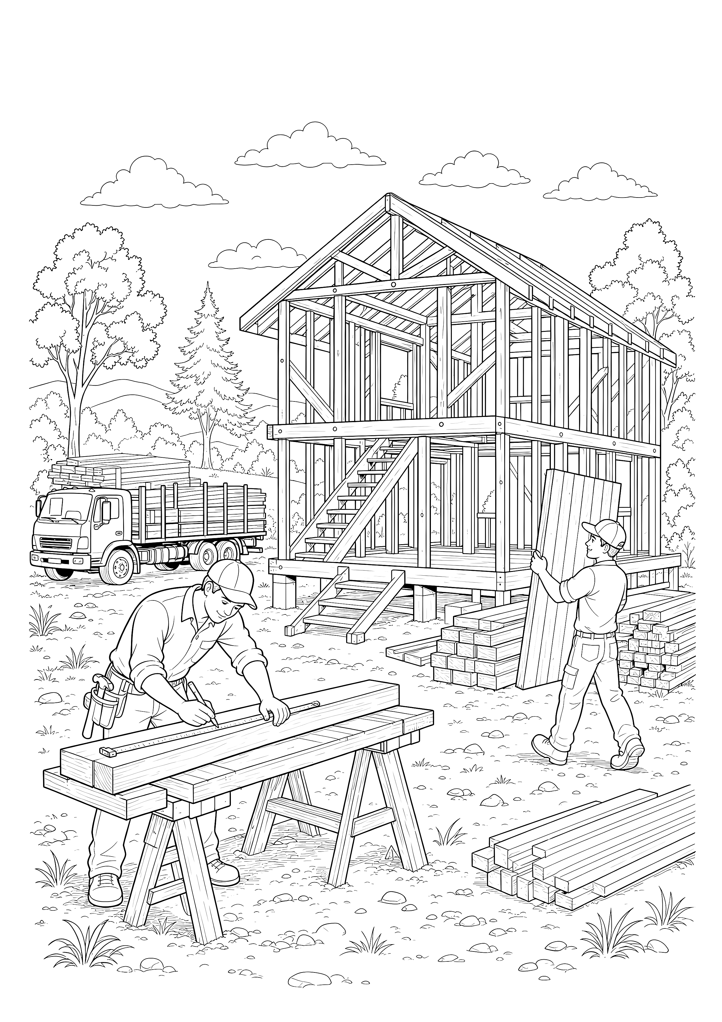 Gemeinsam entsteht ein Holzhaus — Zwei Handwerker arbeiten zwischen Werkbank, Holzrahmen, Lastwagen und Dachträgern.