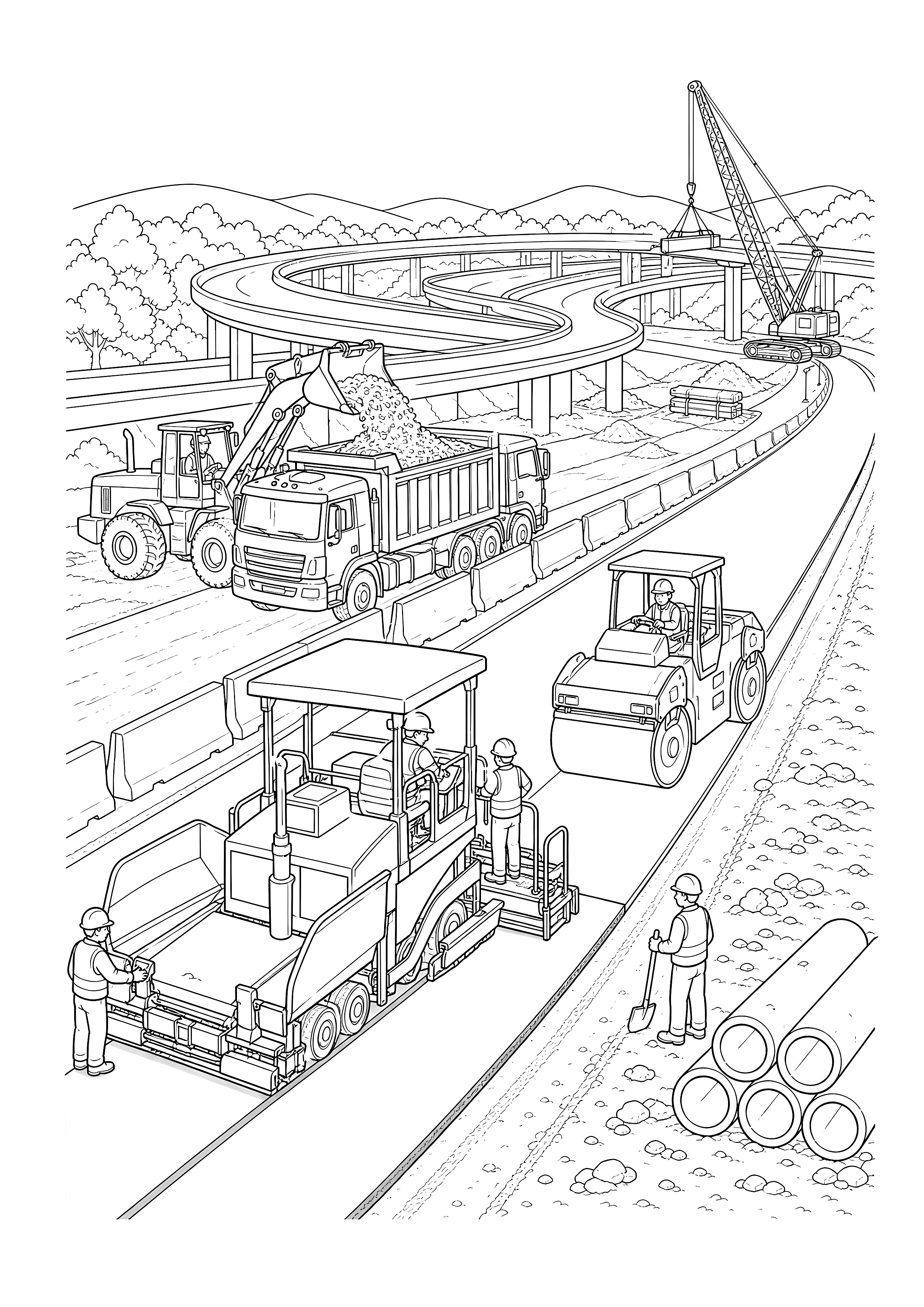 Neue Autobahn wird gebaut — Straßenfertiger, Walze, Radlader und Kipplaster arbeiten an einer neuen Auffahrt.