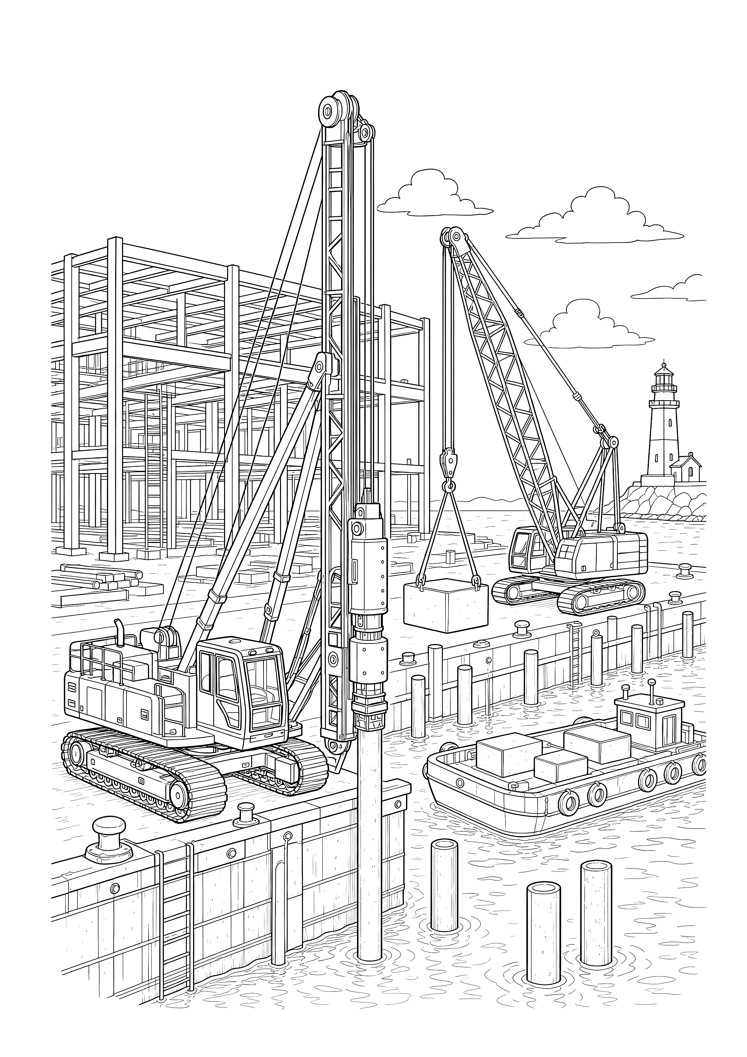 Fundamente am Hafen — Rammgerät, Raupenkran und Lastkahn bauen neue Fundamente an der Kaimauer.