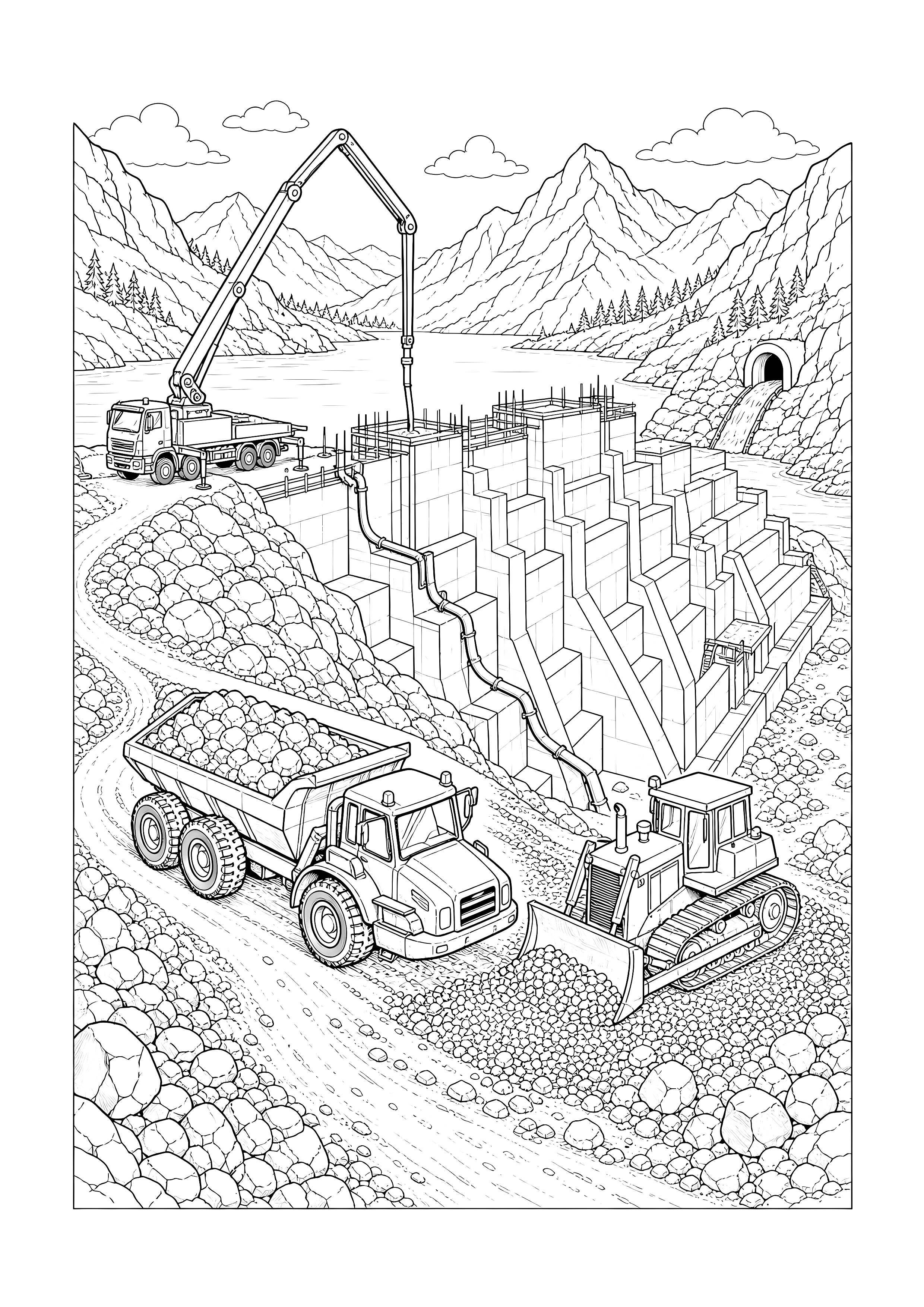 Staudamm im Gebirge — Kipplaster, Bulldozer und Betonpumpe arbeiten an einem gestuften Staudamm.
