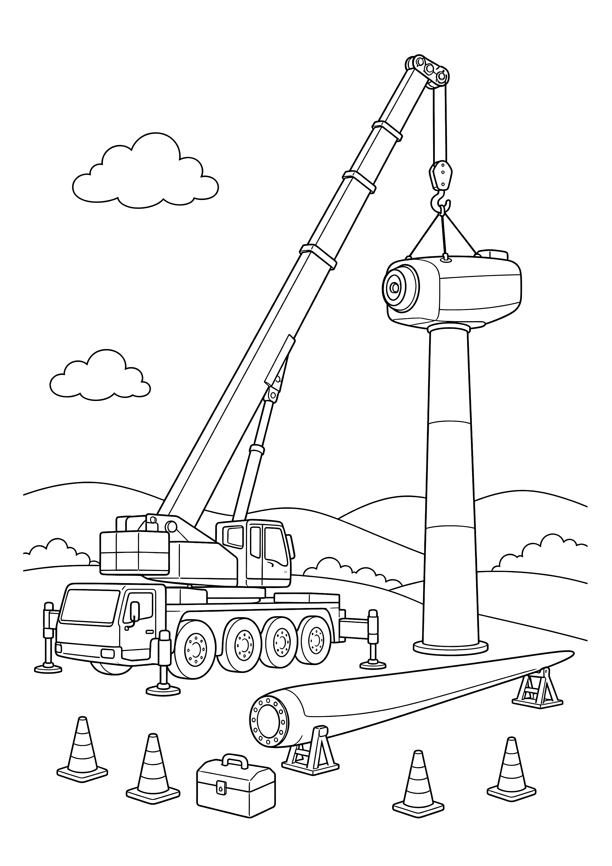 Kran montiert ein Windrad — Ein großer Mobilkran hebt das Maschinenhaus auf einen Windradturm neben Rotorblatt und Werkzeug.