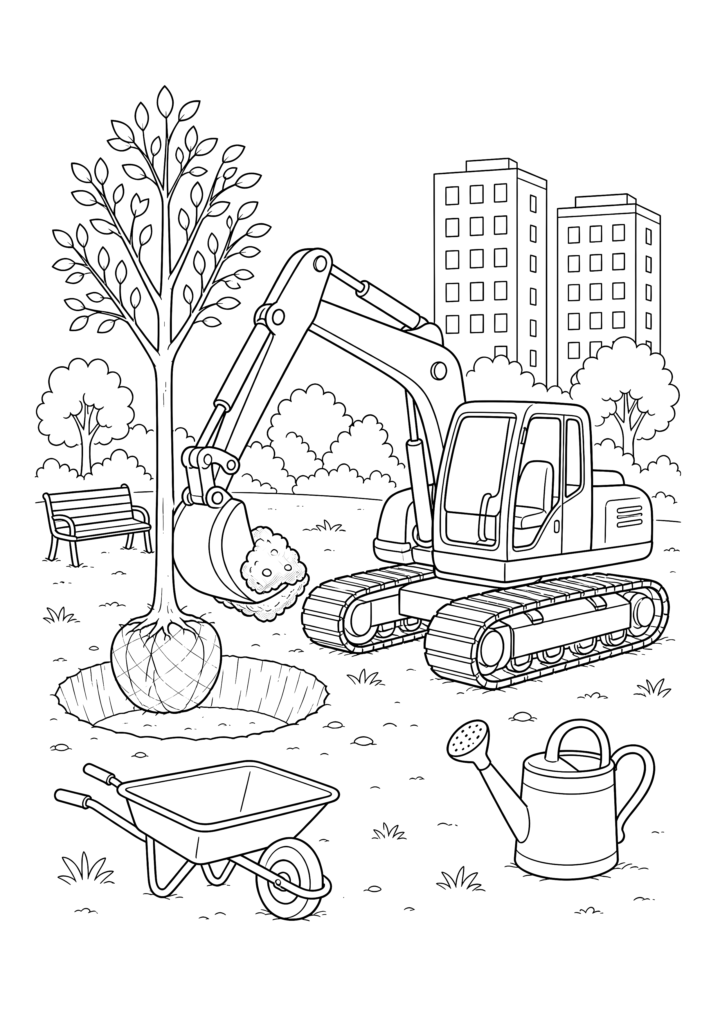 Bagger pflanzt einen Parkbaum — Ein Kettenbagger setzt einen jungen Baum neben Pflanzloch, Schubkarre und Gießkanne ein.