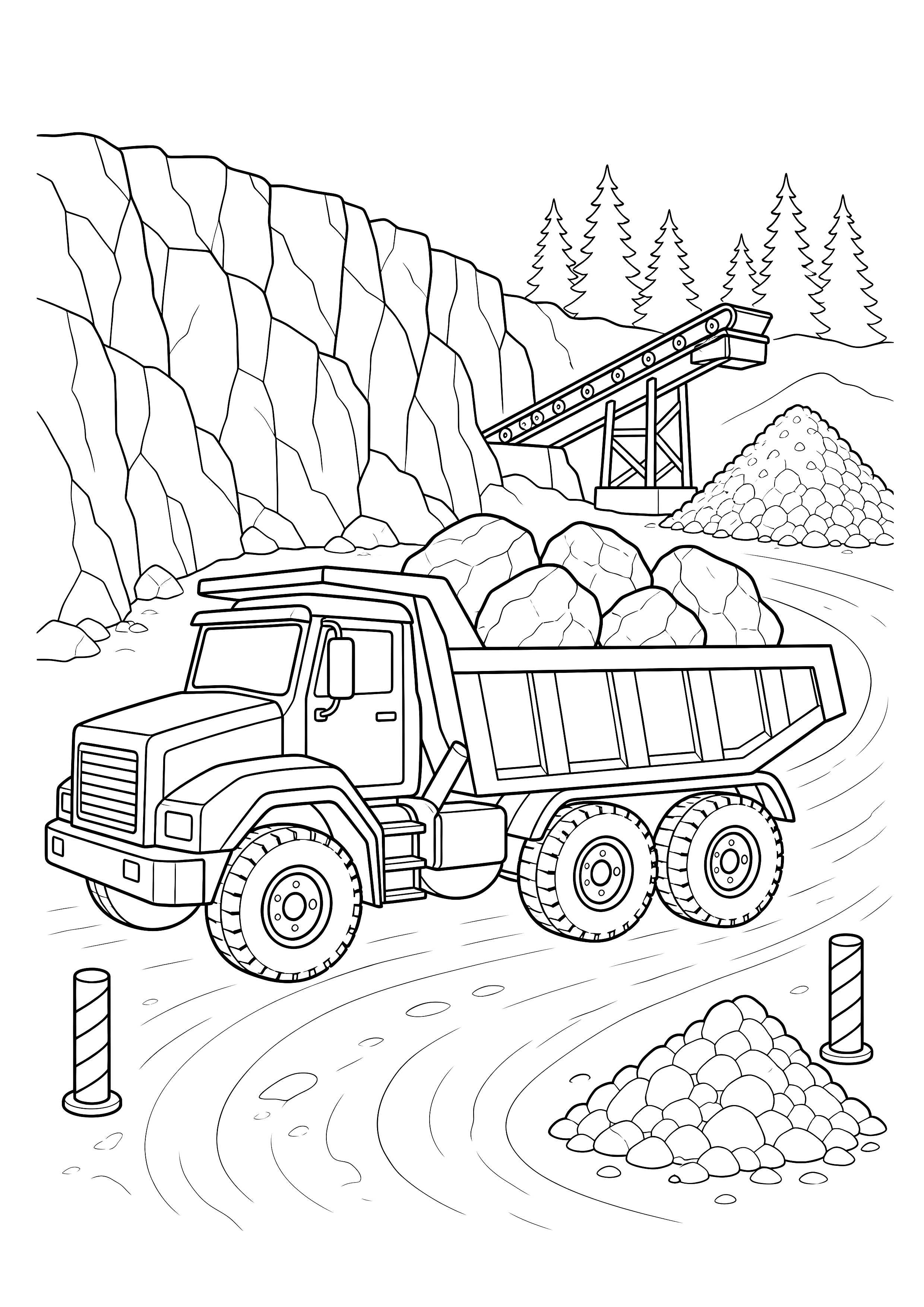 Muldenkipper im Steinbruch — Ein großer Muldenkipper transportiert Felsbrocken über eine Kurve zwischen Felswand und Förderband.
