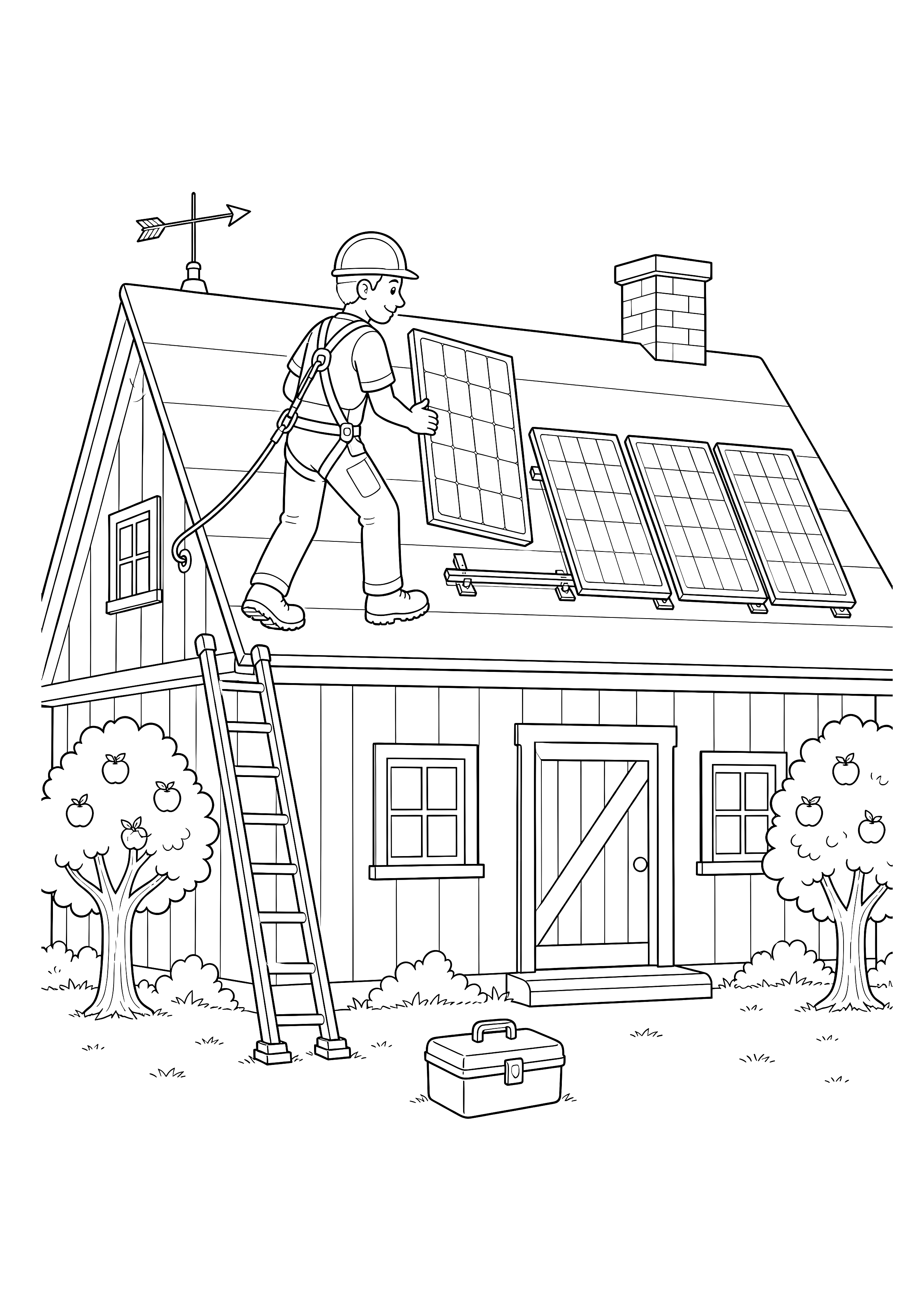 Solarmodul für das Bauernhaus — Ein gesicherter Dachdecker trägt das vierte Solarmodul zu drei montierten Paneelen auf dem Hausdach.