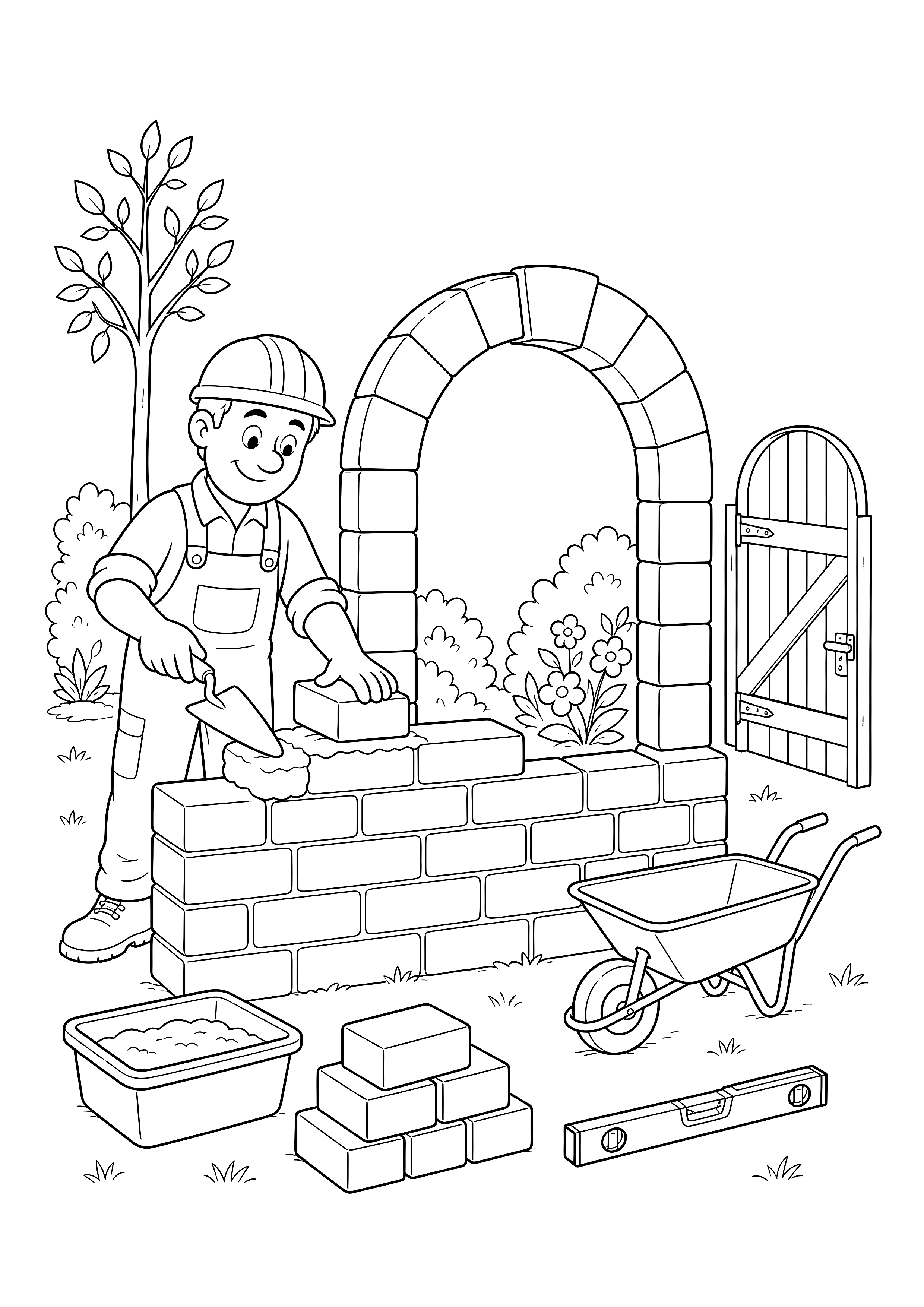 Maurer baut einen Gartenbogen — Ein Maurer setzt einen Stein auf eine niedrige Gartenmauer mit großem Rundbogen und Holztor.
