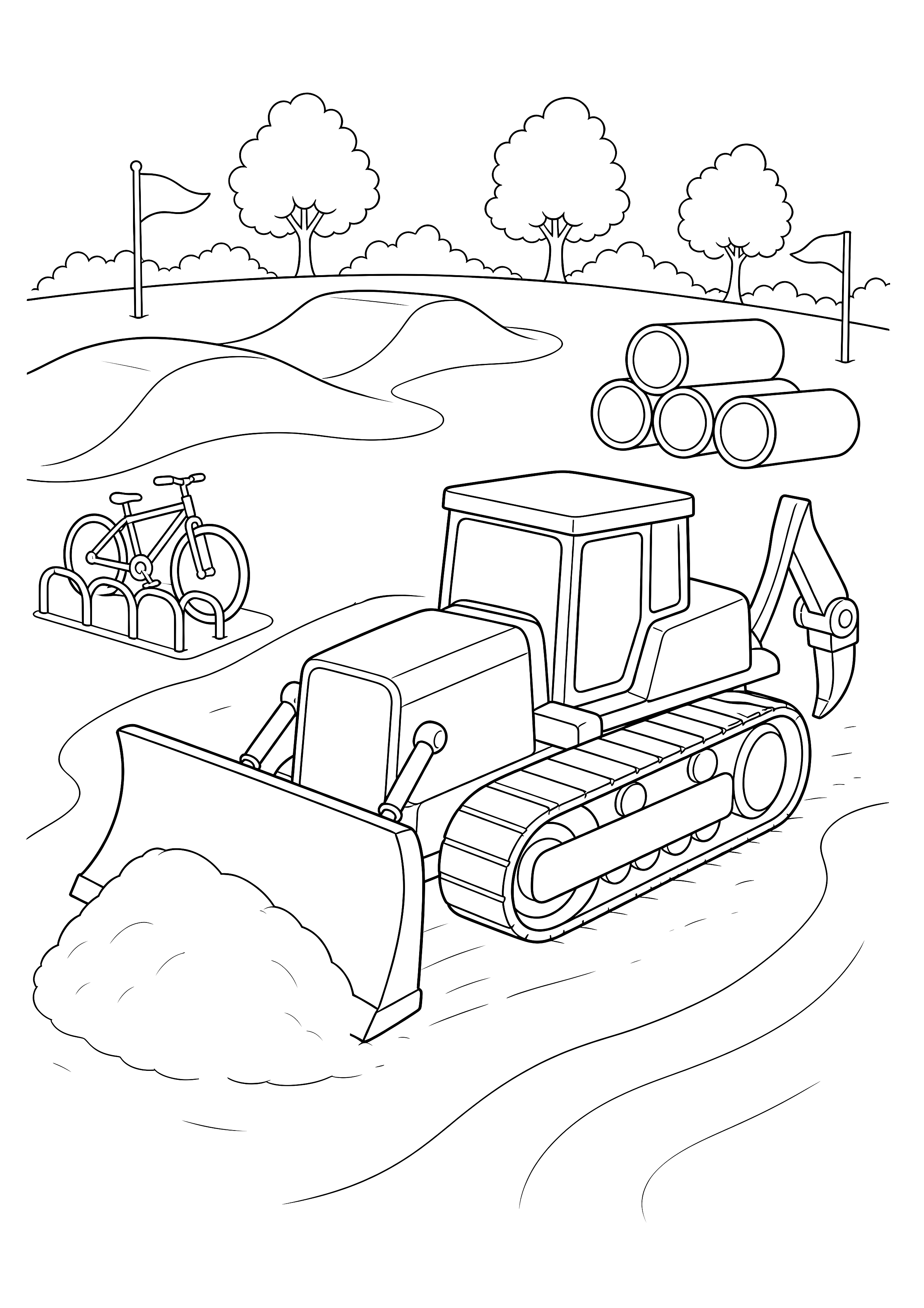Planierraupe baut eine Fahrradstrecke — Eine Planierraupe formt runde Hügel für eine Pumptrack-Strecke neben Fahrrad, Rohren und Markierungsfahnen.
