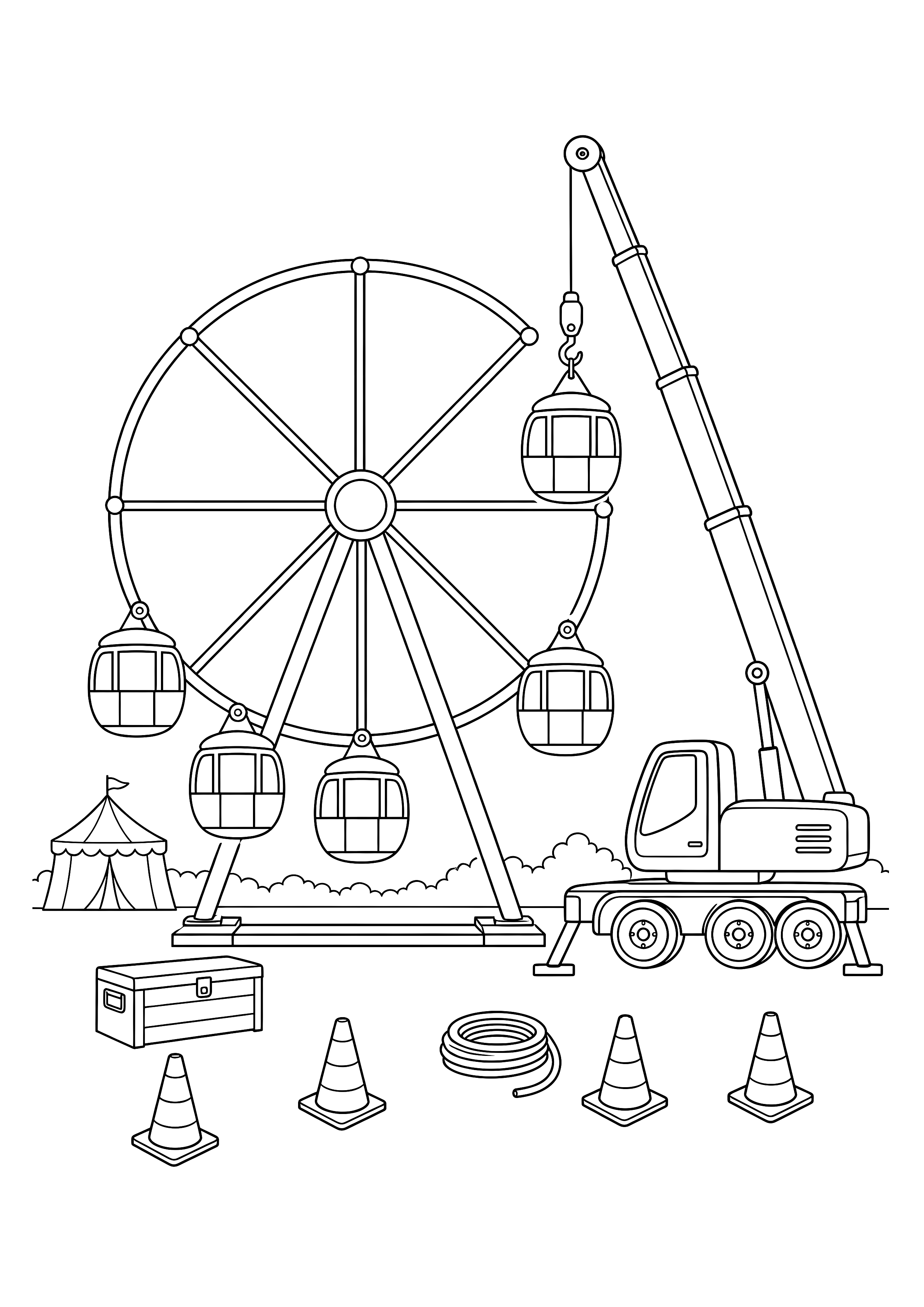 Kran vollendet das Riesenrad — Ein Mobilkran hebt eine neue Gondel an ein halb fertiges Riesenrad zwischen Werkzeug und Absperrkegeln.