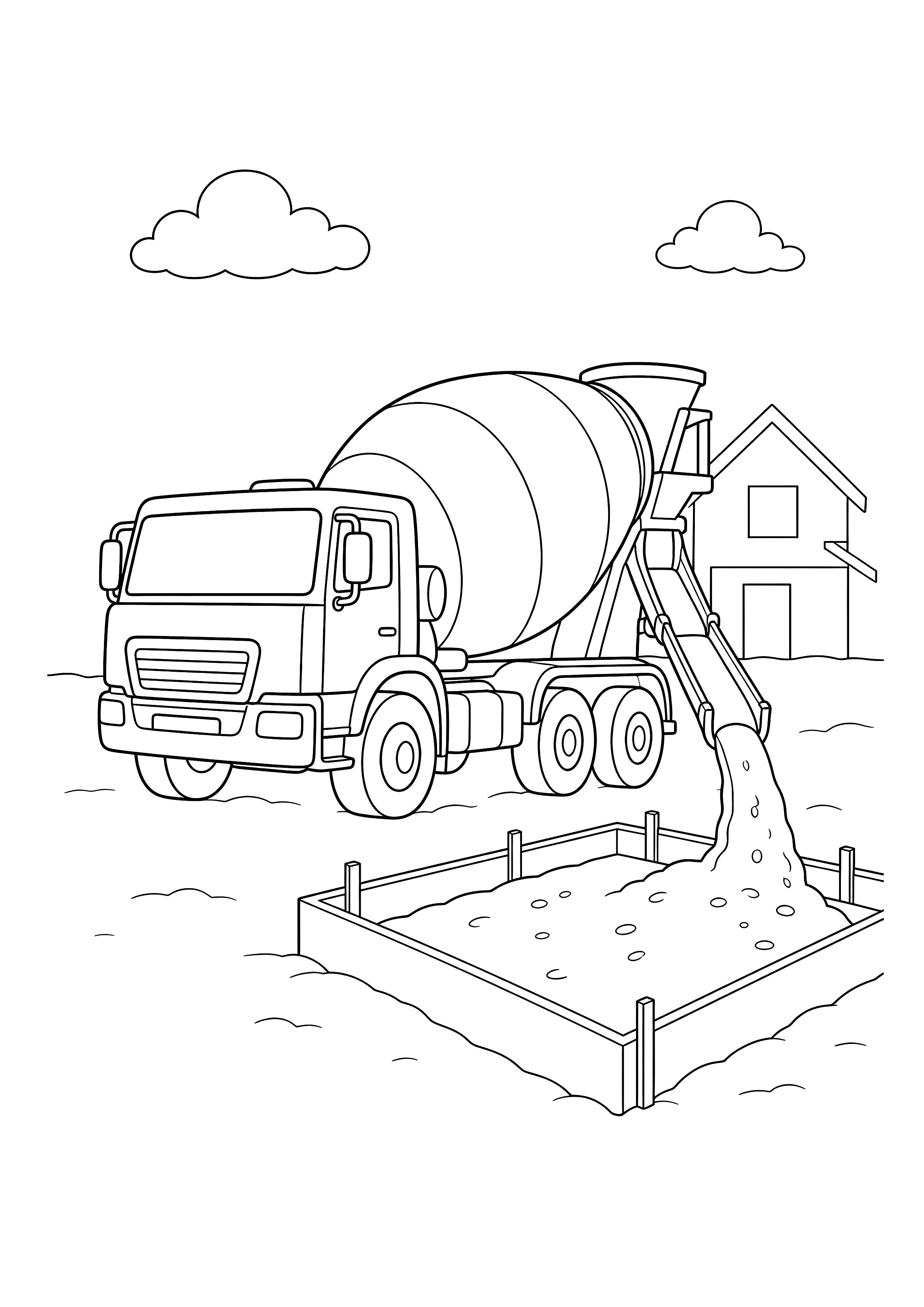 Betonmischer gießt das Fundament — Ein Betonmischer füllt über seine Rutsche eine rechteckige Fundamentform.