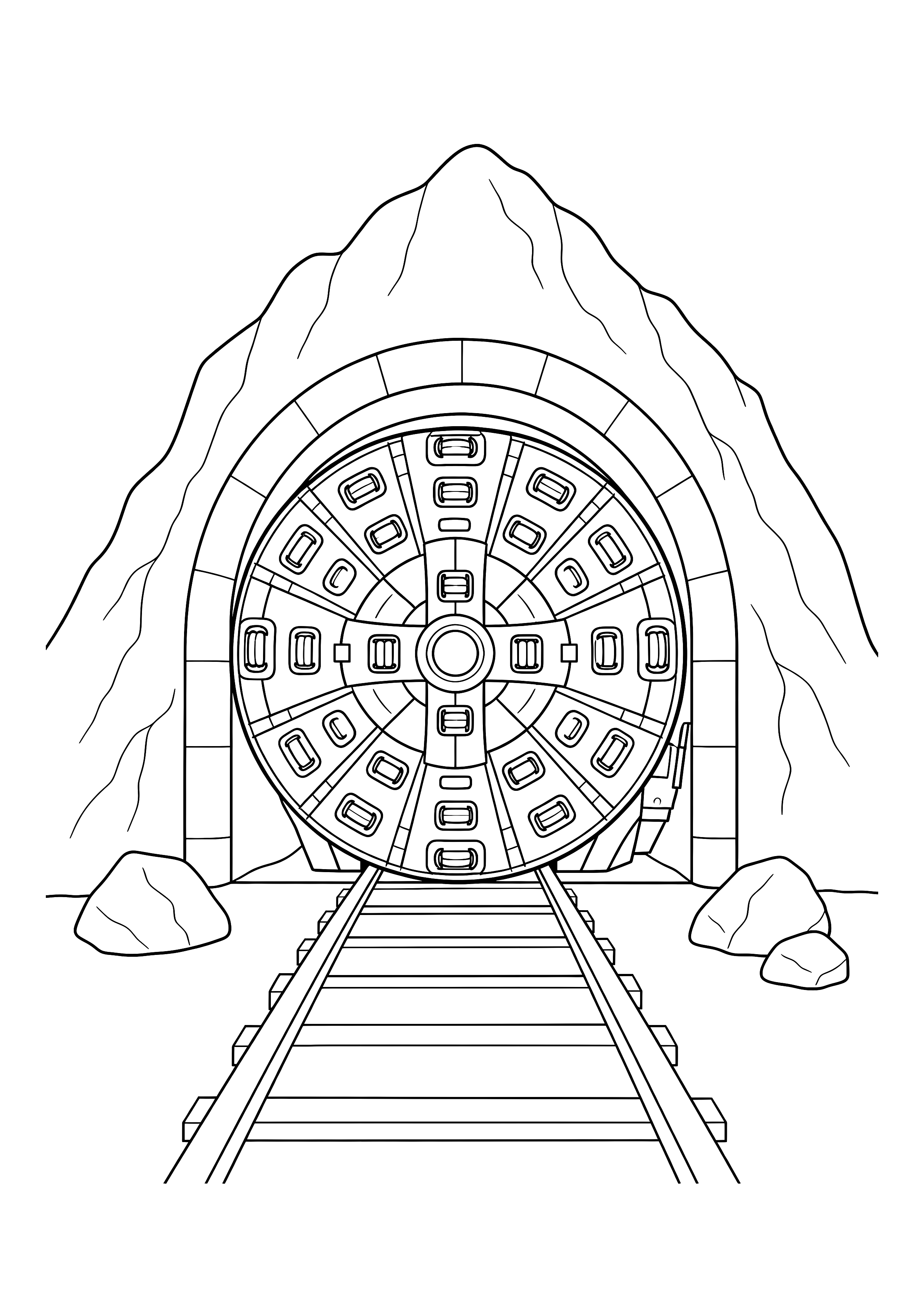 Tunnelbohrer im Berg — Der runde Schneidkopf einer Tunnelbohrmaschine erscheint im Bergportal.