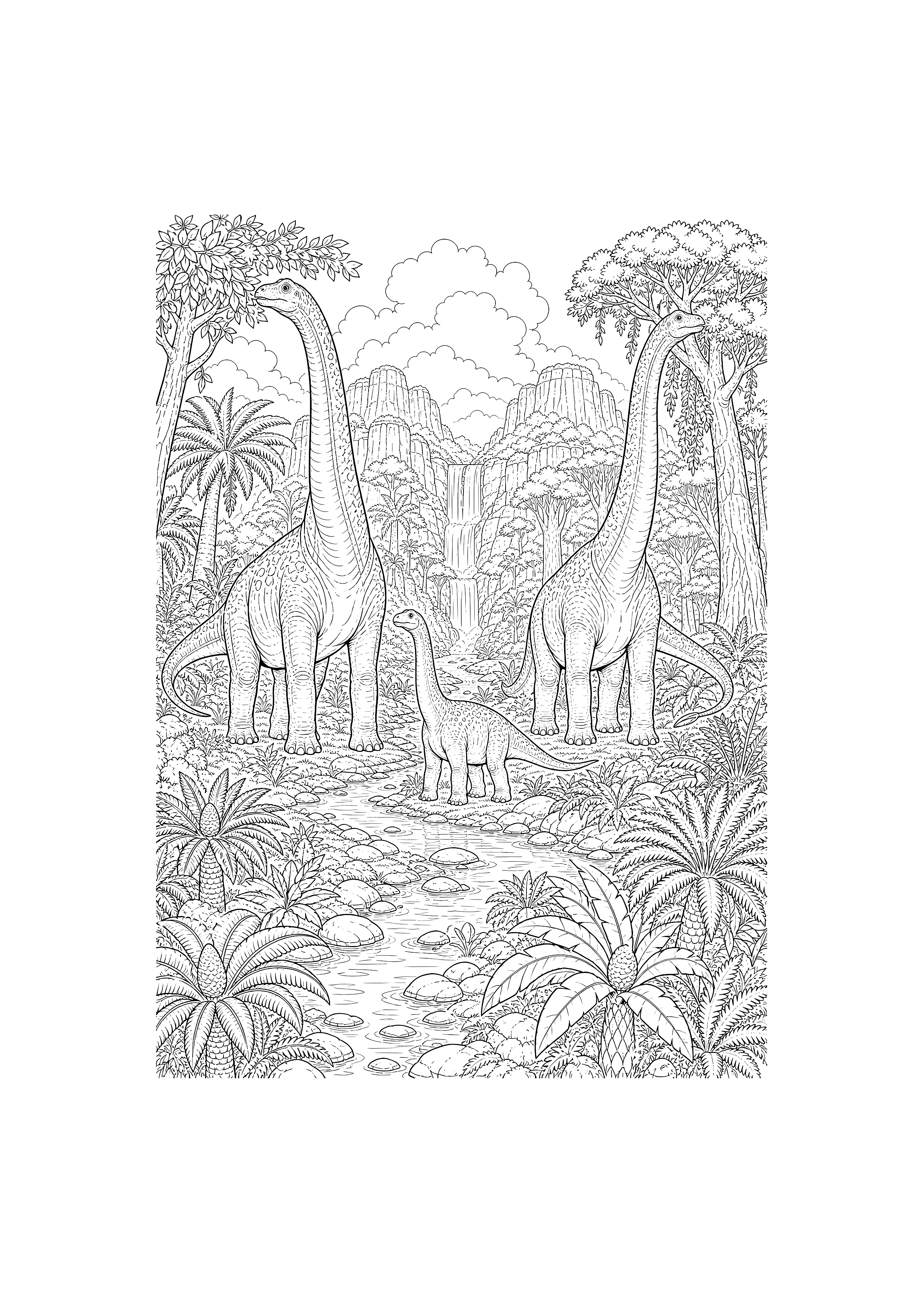 Langhalsfamilie im Urwald — Eine Familie aus vier Langhalsdinosauriern wandert durch einen dichten Urwald mit Wasserfall.