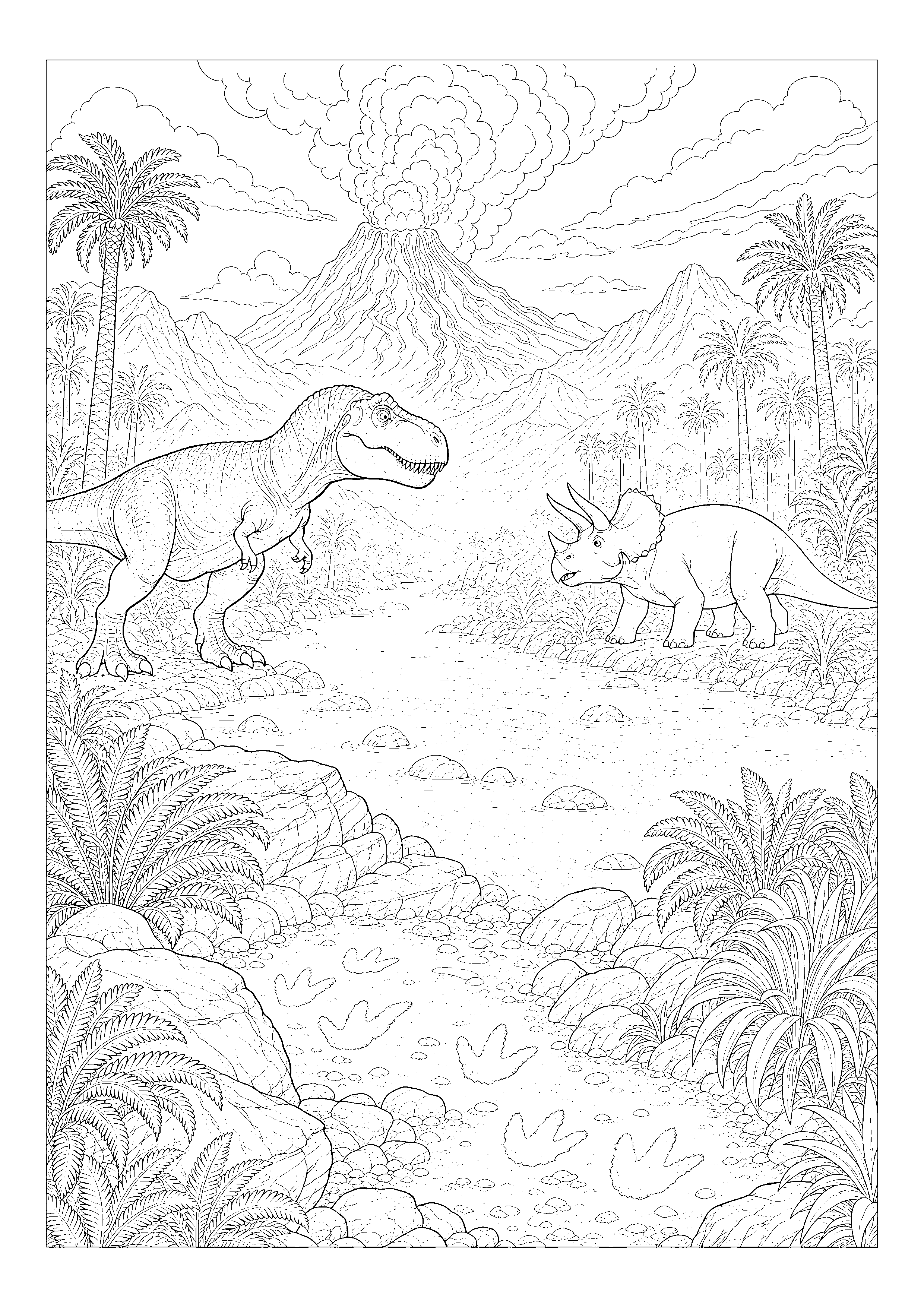 Dinosaurier am Vulkanfluss — Tyrannosaurus und Triceratops stehen getrennt durch einen Fluss vor einem ausbrechenden Vulkan.