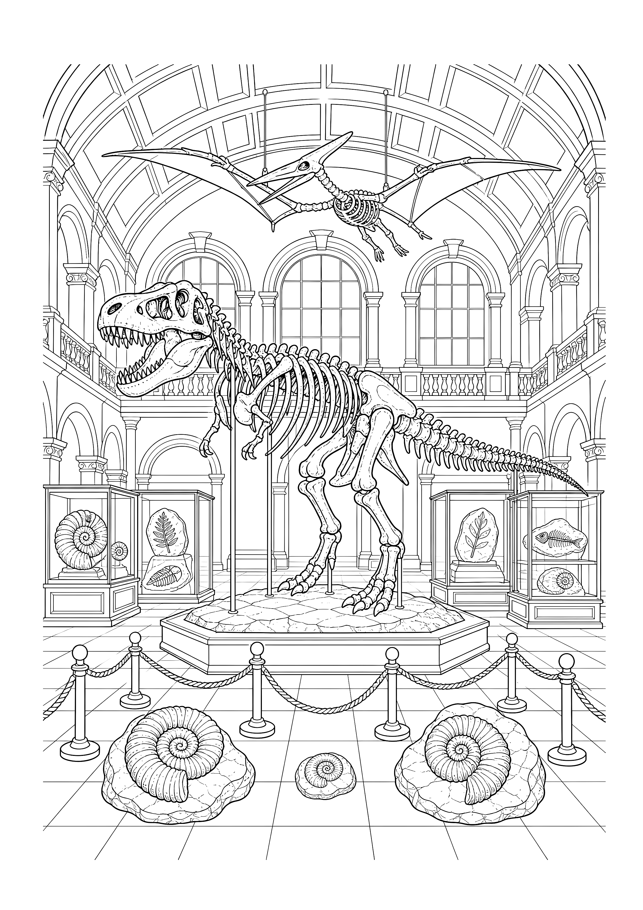 Dinosauriermuseum — Ein großes Tyrannosaurus-Skelett und ein Pteranodon hängen in einer prächtigen Museumshalle.