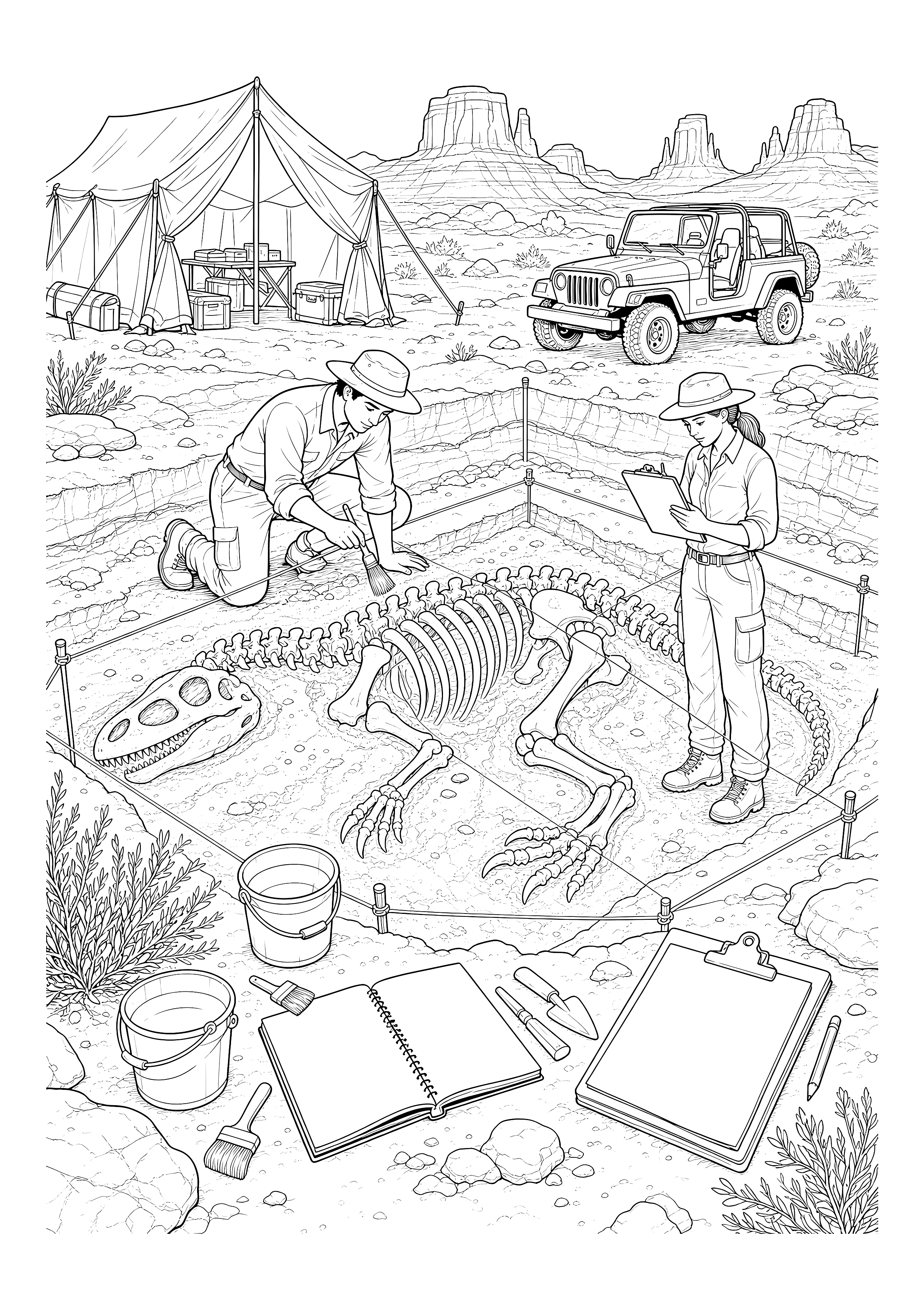Fossilienausgrabung in der Wüste — Zwei Forschende legen neben Zelt und Geländewagen ein großes Dinosaurierfossil frei.