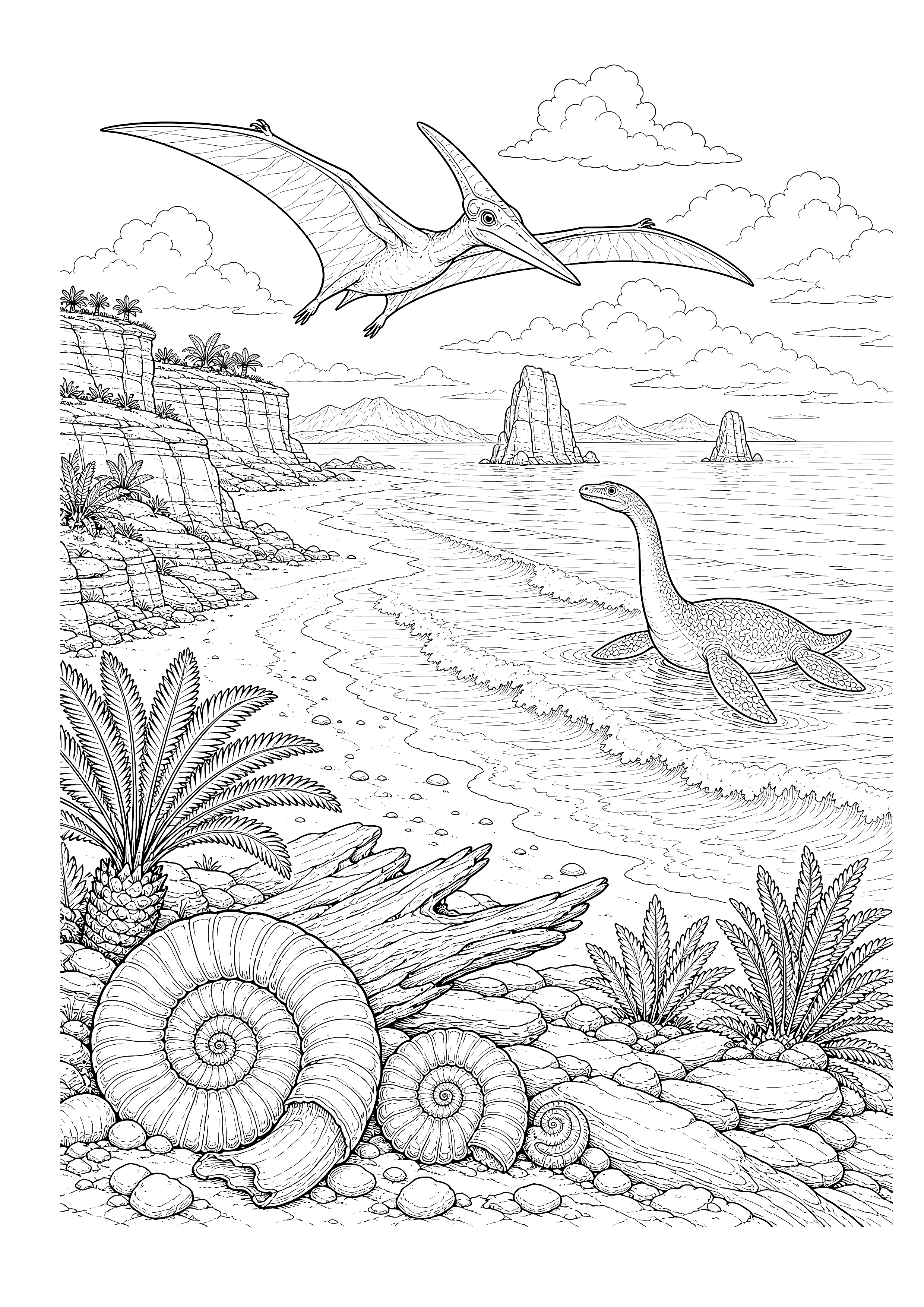 Flugsaurier an der Urzeitküste — Ein Pteranodon fliegt über die Felsküste, während ein Plesiosaurus aus dem Meer auftaucht.