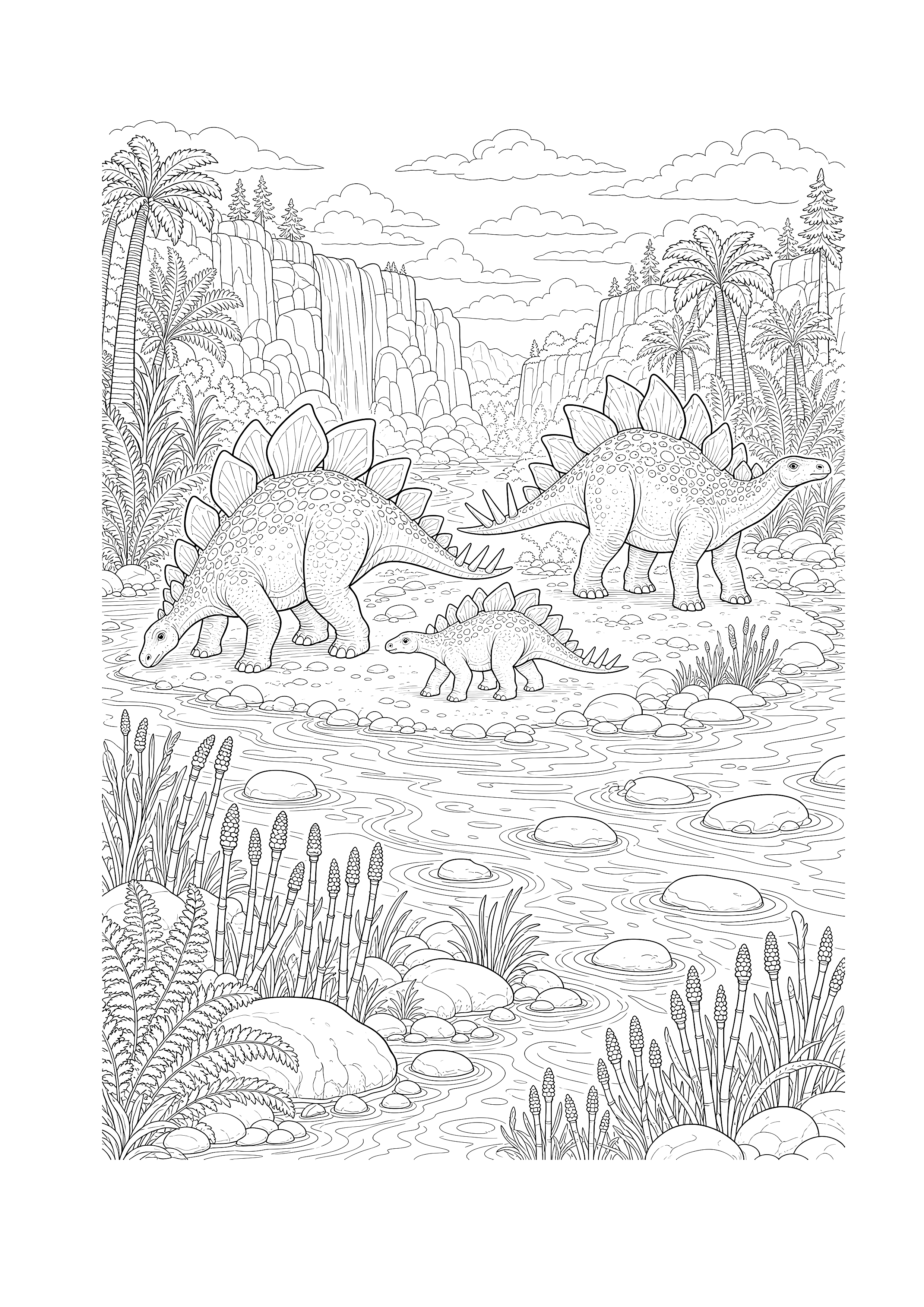 Stegosaurus-Familie am Fluss — Mehrere Stegosaurier durchqueren eine grüne Flusslandschaft zwischen Farnen und Felsen.