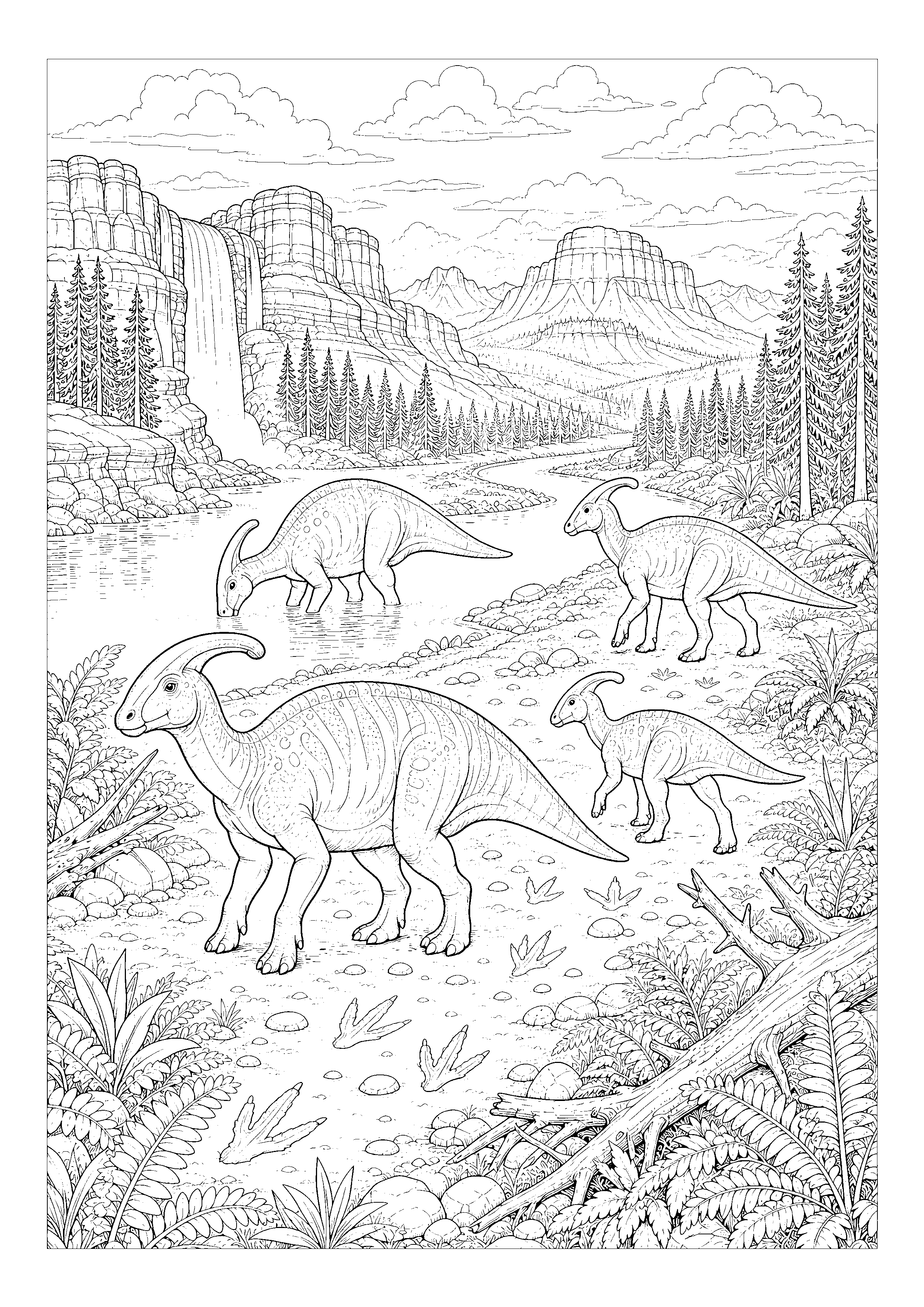 Parasaurolophus-Wanderung — Eine Herde Parasaurolophus zieht durch ein weites Tal mit Fluss, Wald und Wasserfall.