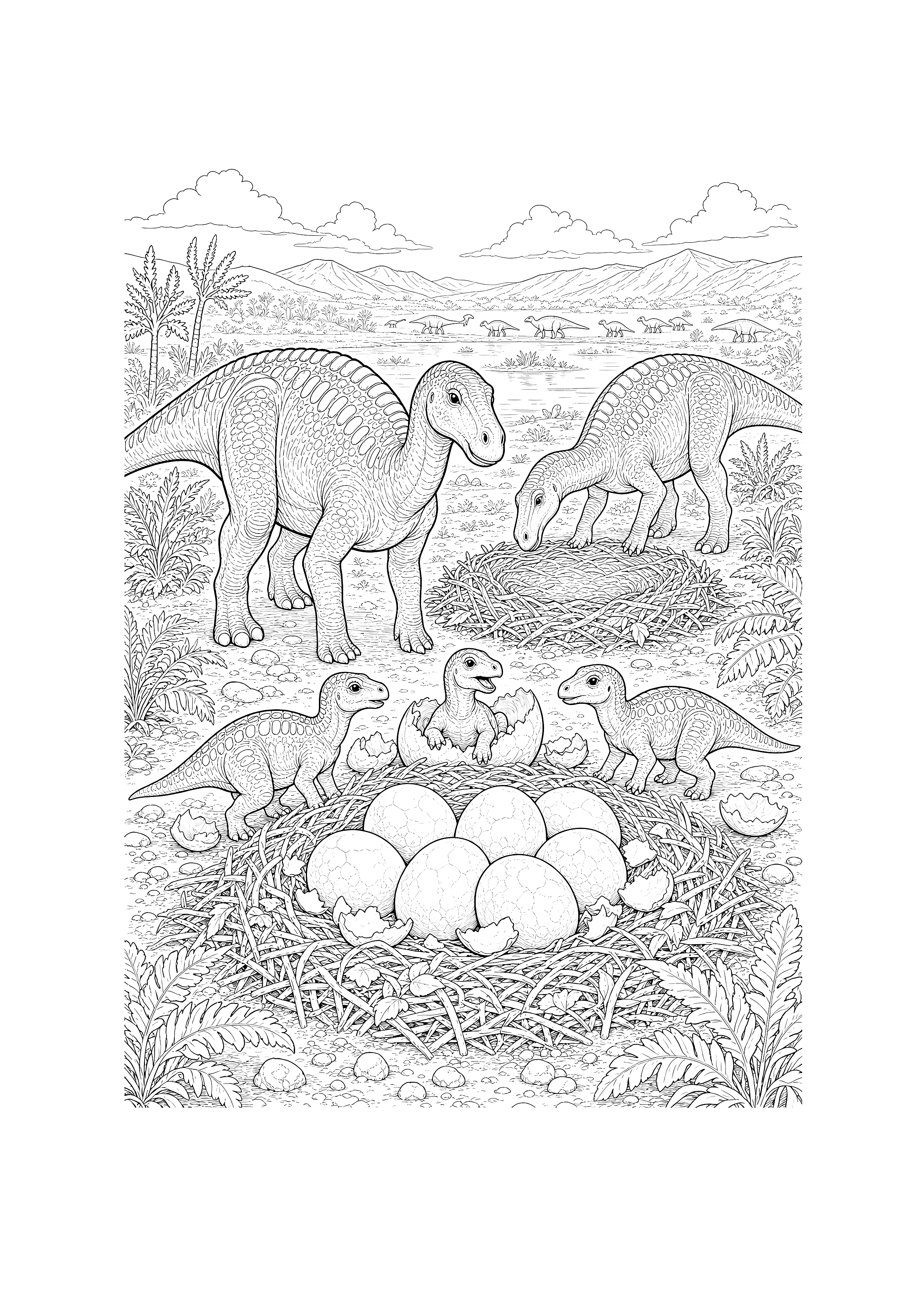 Maiasaura am Nest — Maiasaura-Eltern kümmern sich zwischen Farnen um Eier und frisch geschlüpfte Jungtiere.