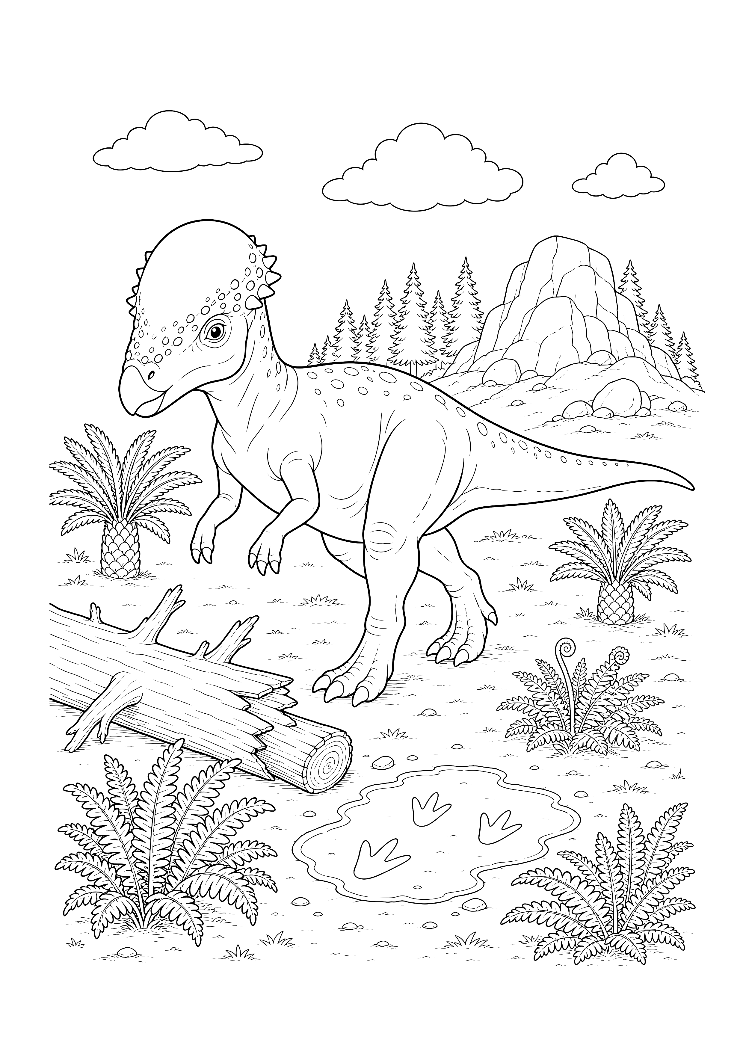 Pachycephalosaurus an der Fährte — Ein Pachycephalosaurus untersucht Fußspuren neben einem umgestürzten Stamm und urzeitlichen Pflanzen.
