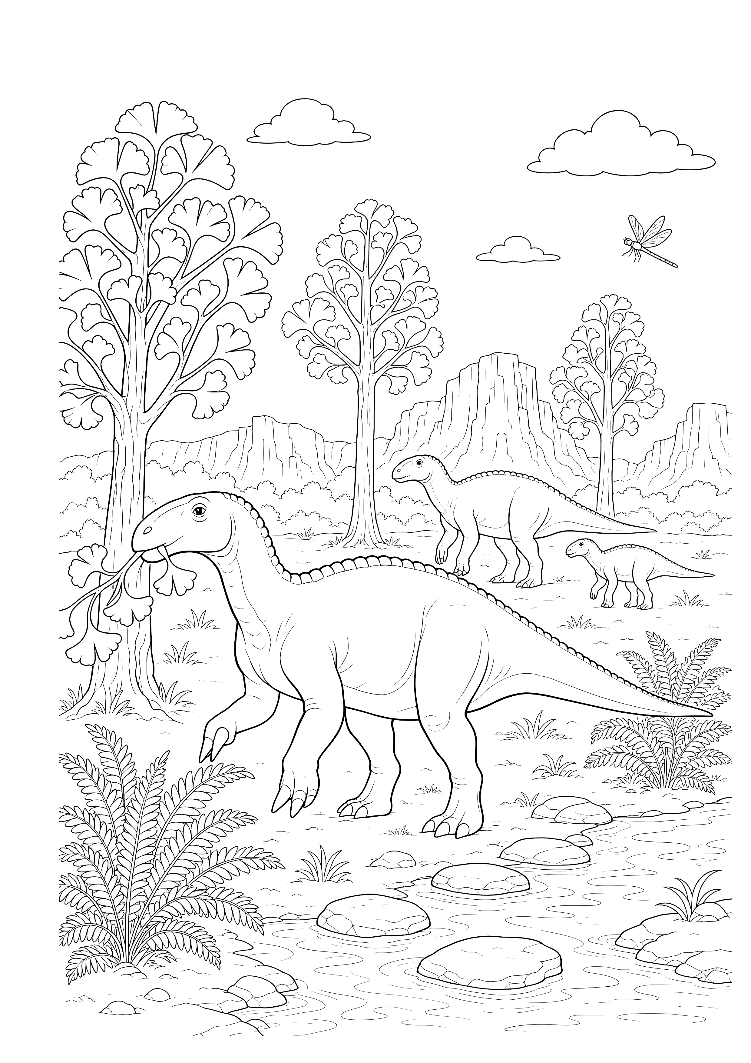 Parasaurolophus am Bach — Ein Parasaurolophus frisst Blätter am Bach, während weitere Tiere durch die Landschaft ziehen.