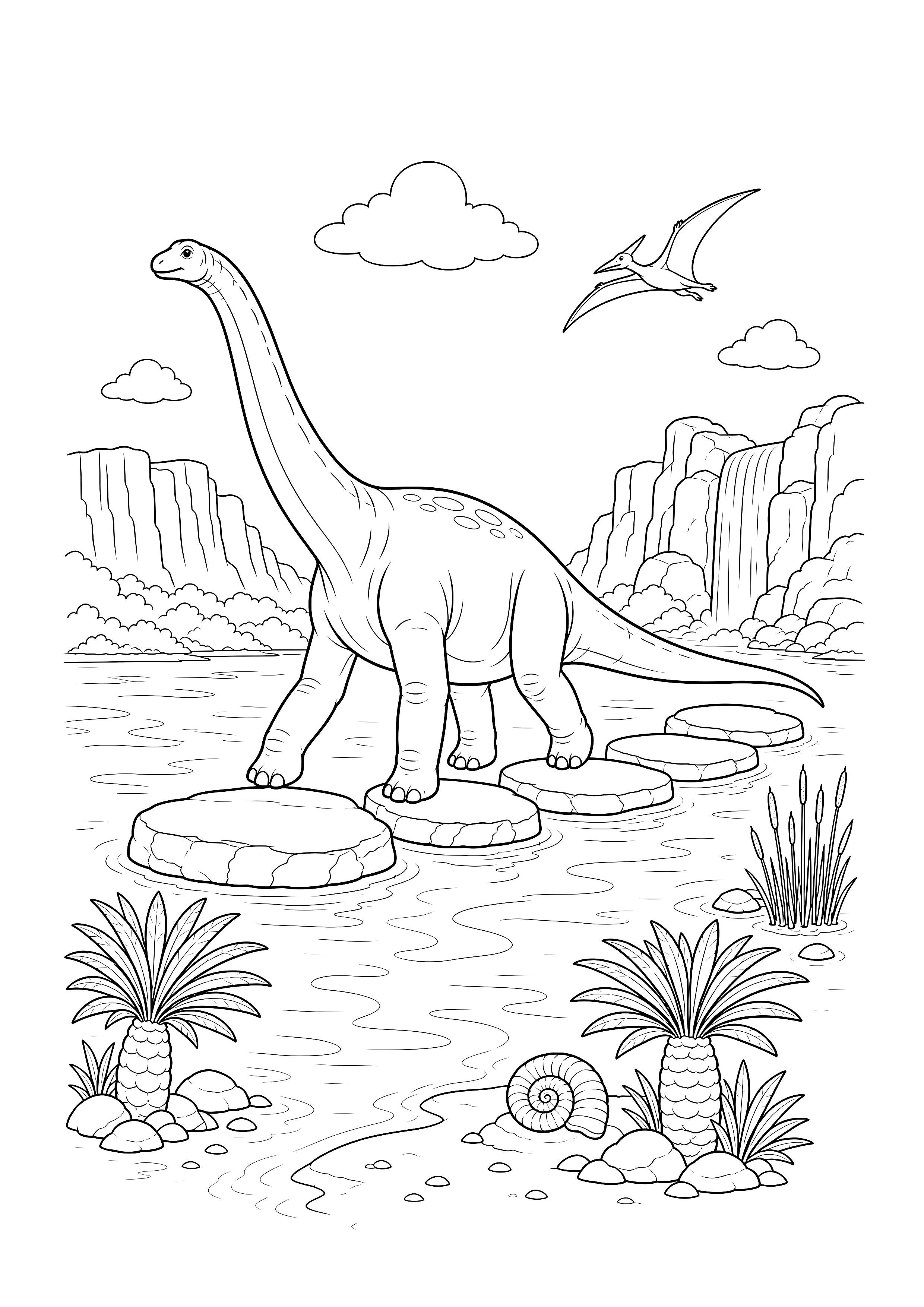 Brachiosaurus über den Trittsteinen — Ein Brachiosaurus überquert einen breiten Fluss auf Felsplatten zwischen Pflanzen und Schluchten.