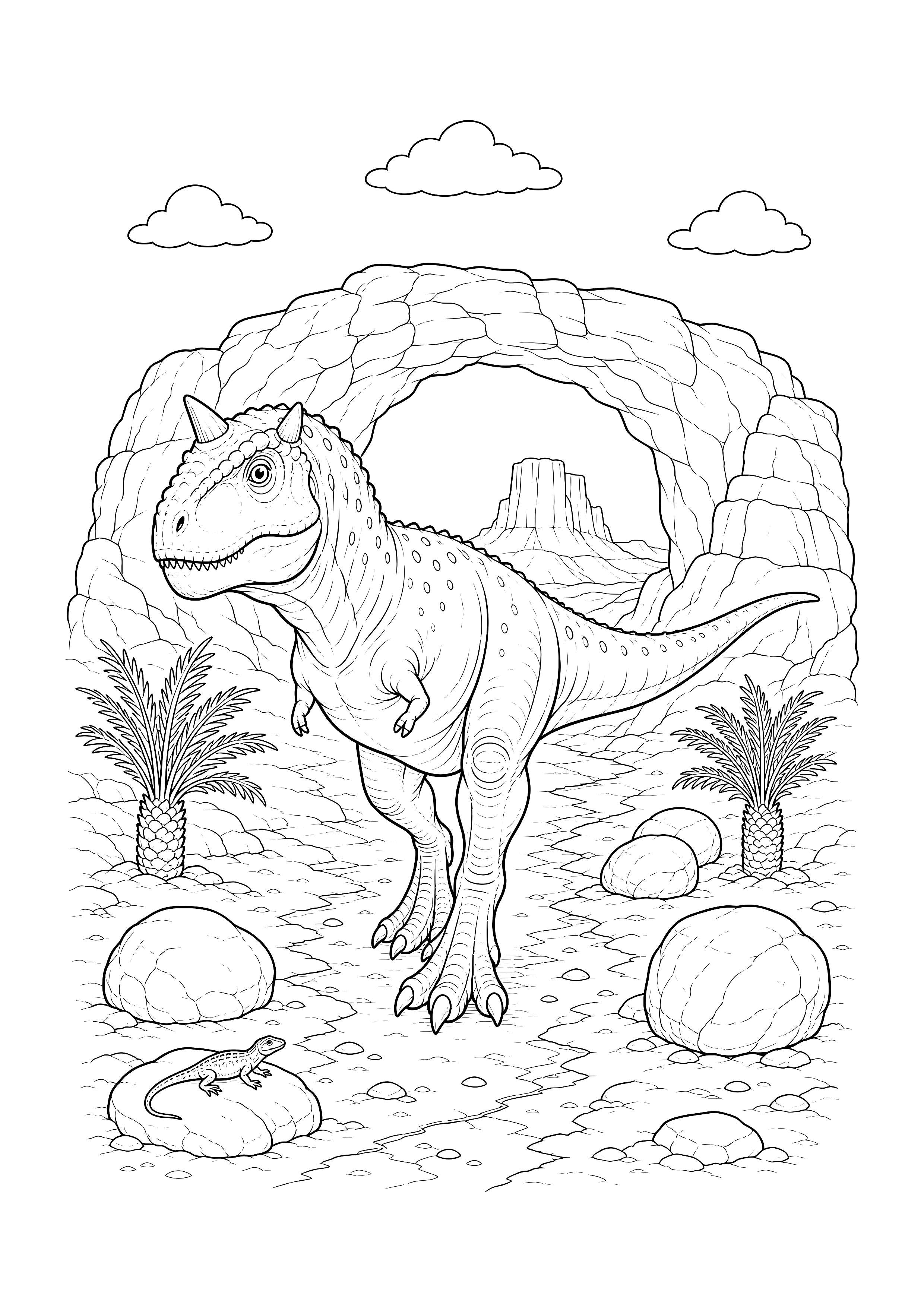 Carnotaurus am Felsentor — Ein zweihörniger Carnotaurus steht zwischen Eiern, einem Jungtier, Pflanzen und einem großen Felsentor.