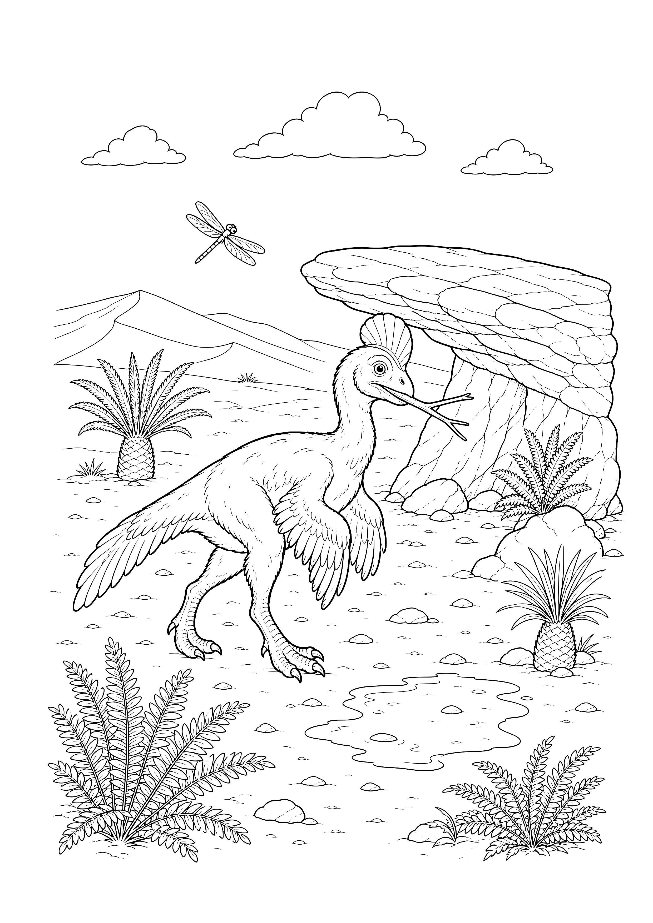 Archaeopteryx am Felsvorsprung — Ein gefiederter Archaeopteryx breitet seine Flügel zwischen Felsen, Farnen und einer Libelle aus.