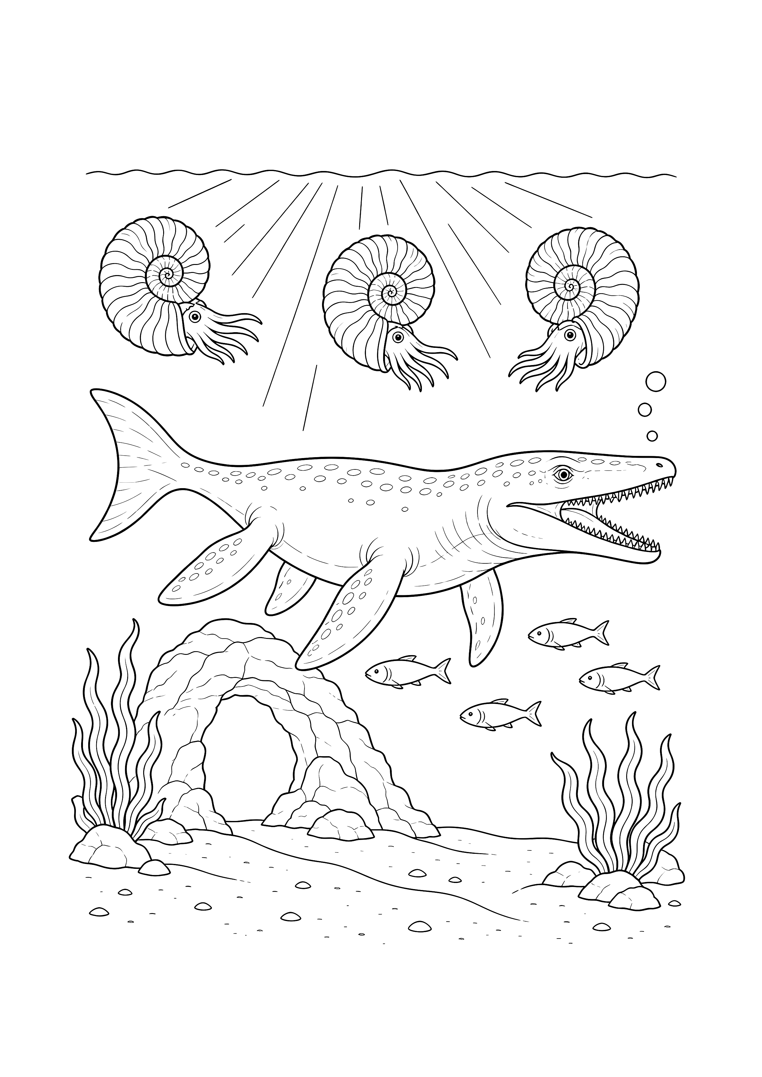 Mosasaurus im Ammonitenmeer — Ein Mosasaurus schwimmt mit vier Flossen an Ammoniten, Fischen, Felsbogen und Seegras vorbei.