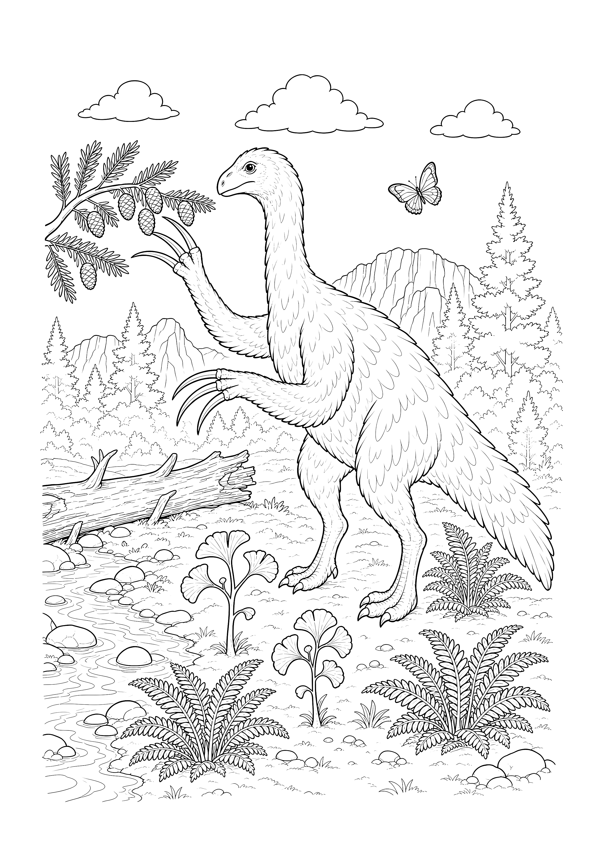 Therizinosaurus im Nadelwald — Ein gefiederter Therizinosaurus streckt seine langen Krallen zwischen Nadelbäumen, Farnen und Schmetterling aus.