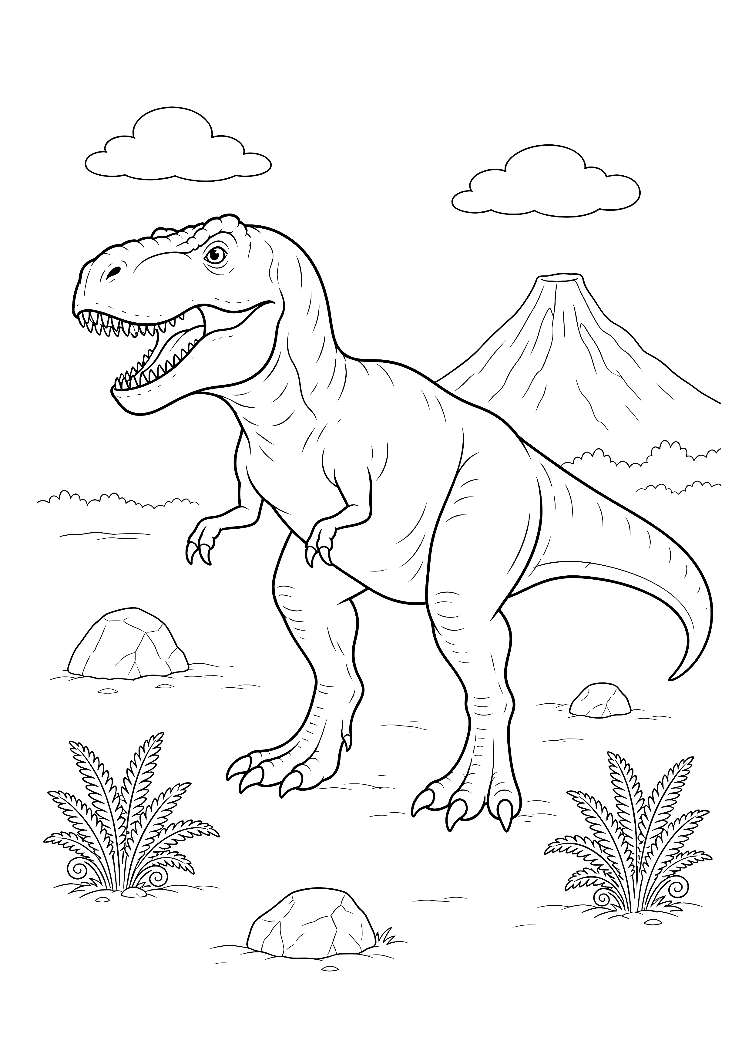 Tyrannosaurus im Urwald — Ein Tyrannosaurus rex läuft mit geöffnetem Maul durch eine weite Lichtung.