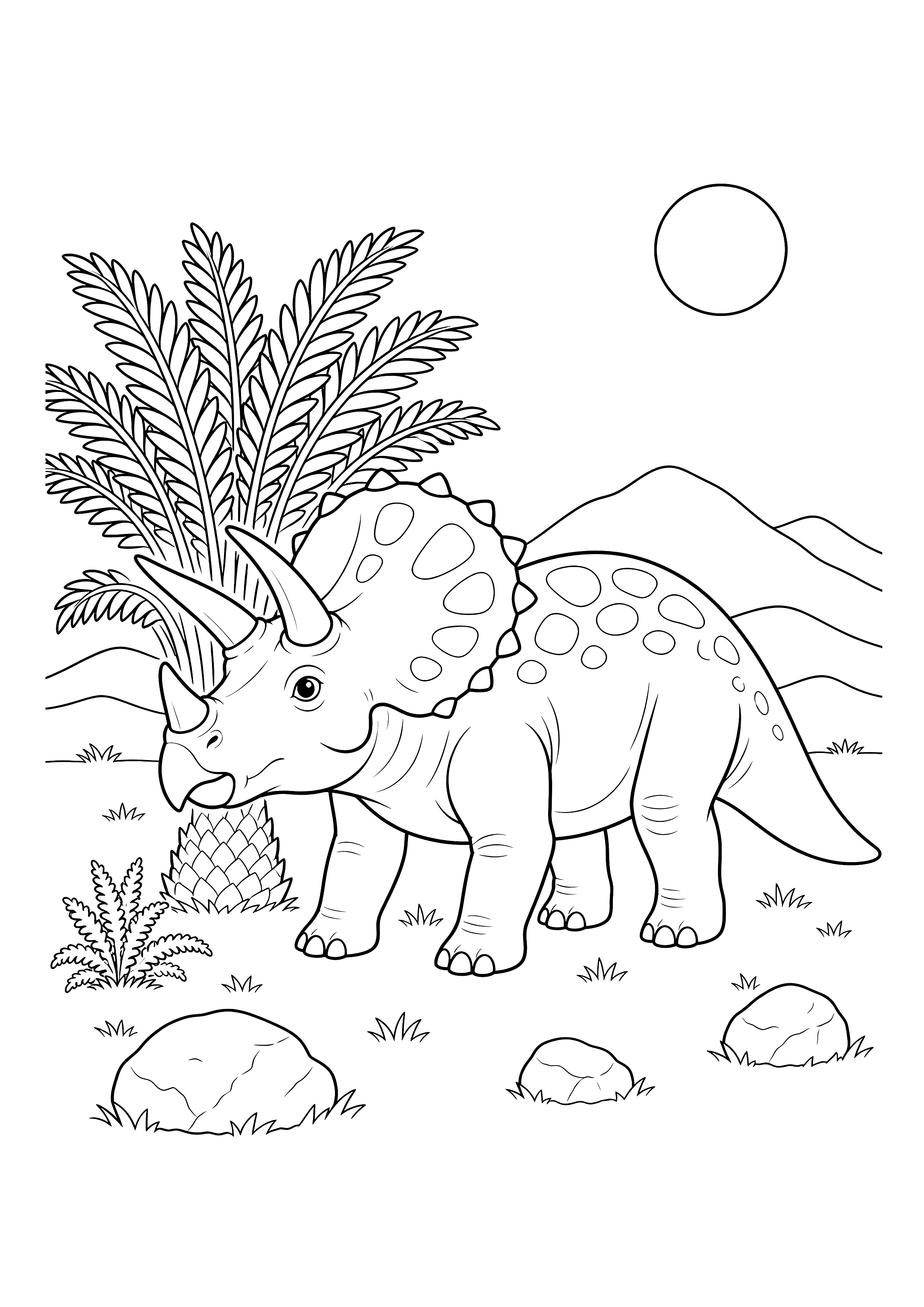 Triceratops bei der Palmfarne — Ein kräftiger Triceratops steht neben einer großen Palmfarne in der Ebene.