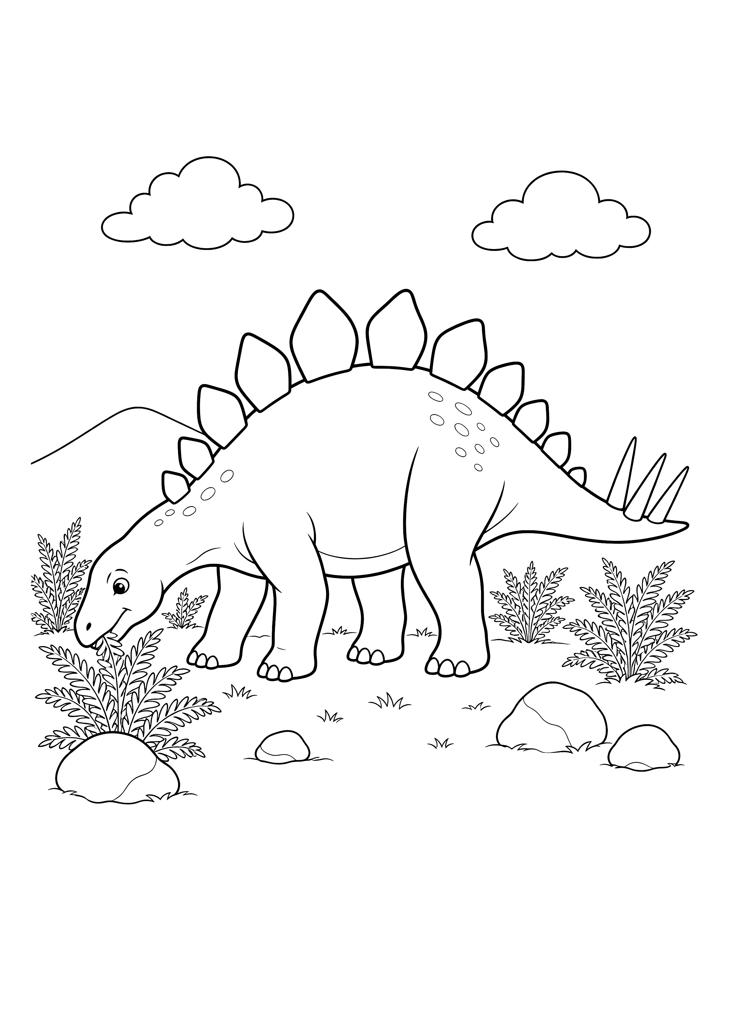 Stegosaurus frisst Farne — Ein Stegosaurus mit großen Rückenplatten frisst Farne zwischen einigen Felsen.