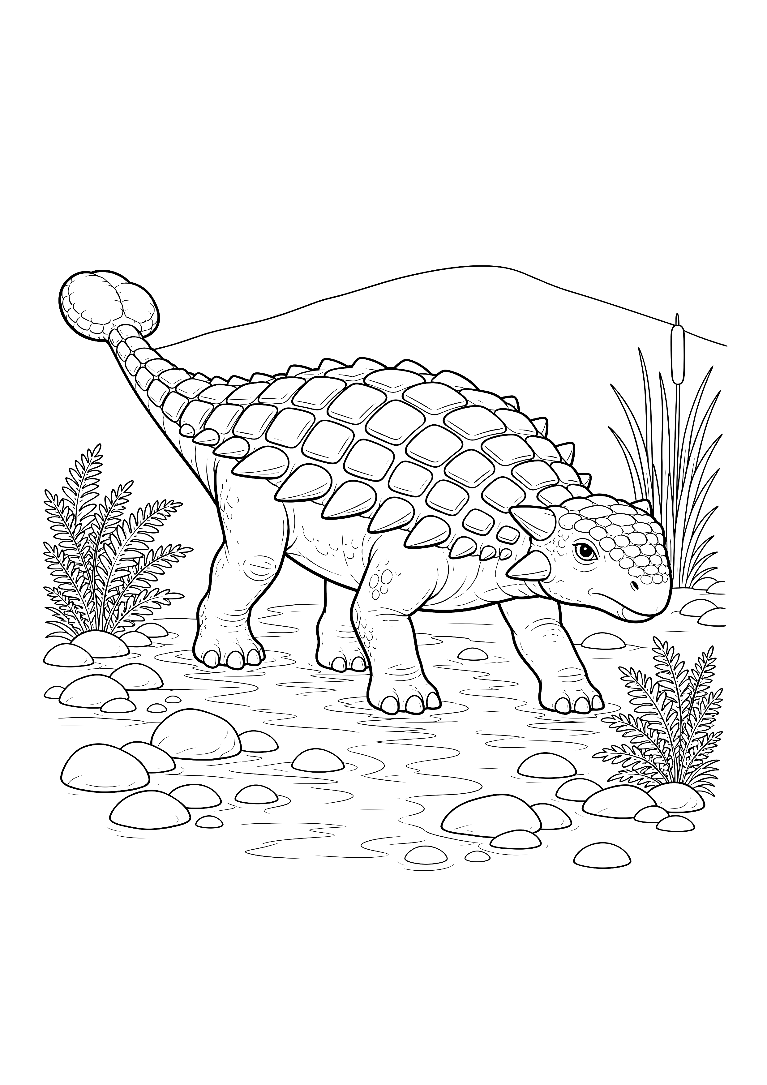 Ankylosaurus am Bach — Ein gepanzerter Ankylosaurus überquert einen flachen Bach zwischen Steinen.