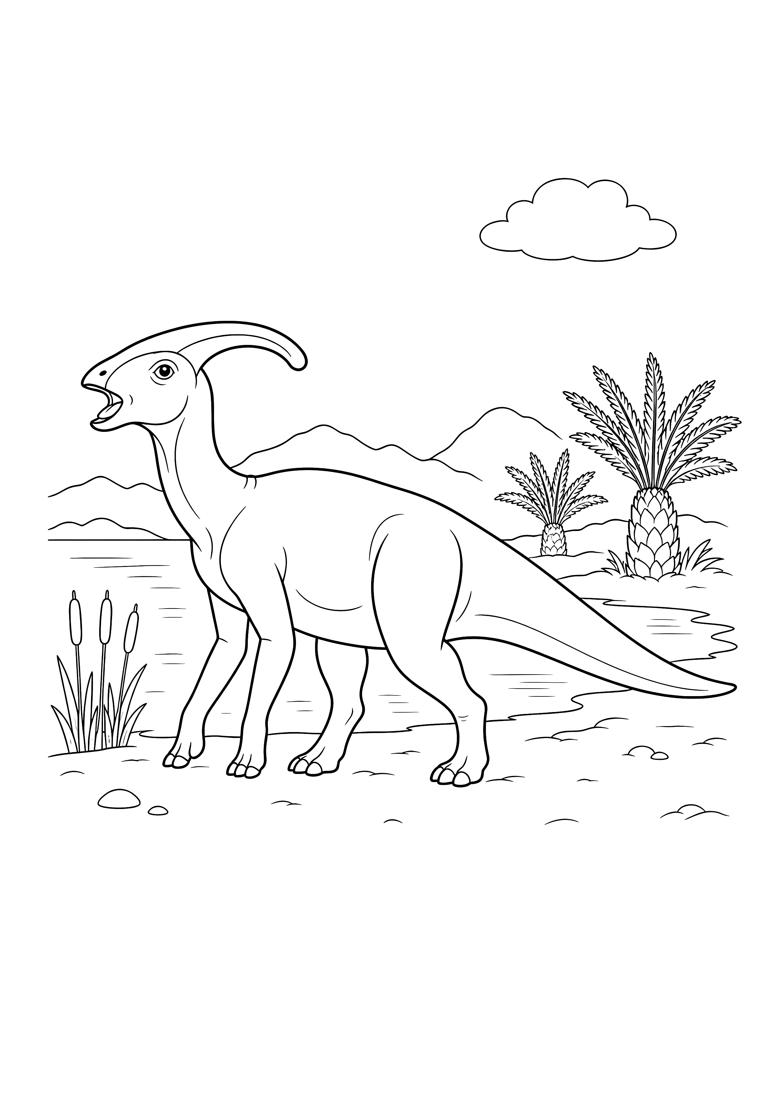 Parasaurolophus am See — Ein Parasaurolophus mit langem Kopfkamm läuft am ruhigen Seeufer.