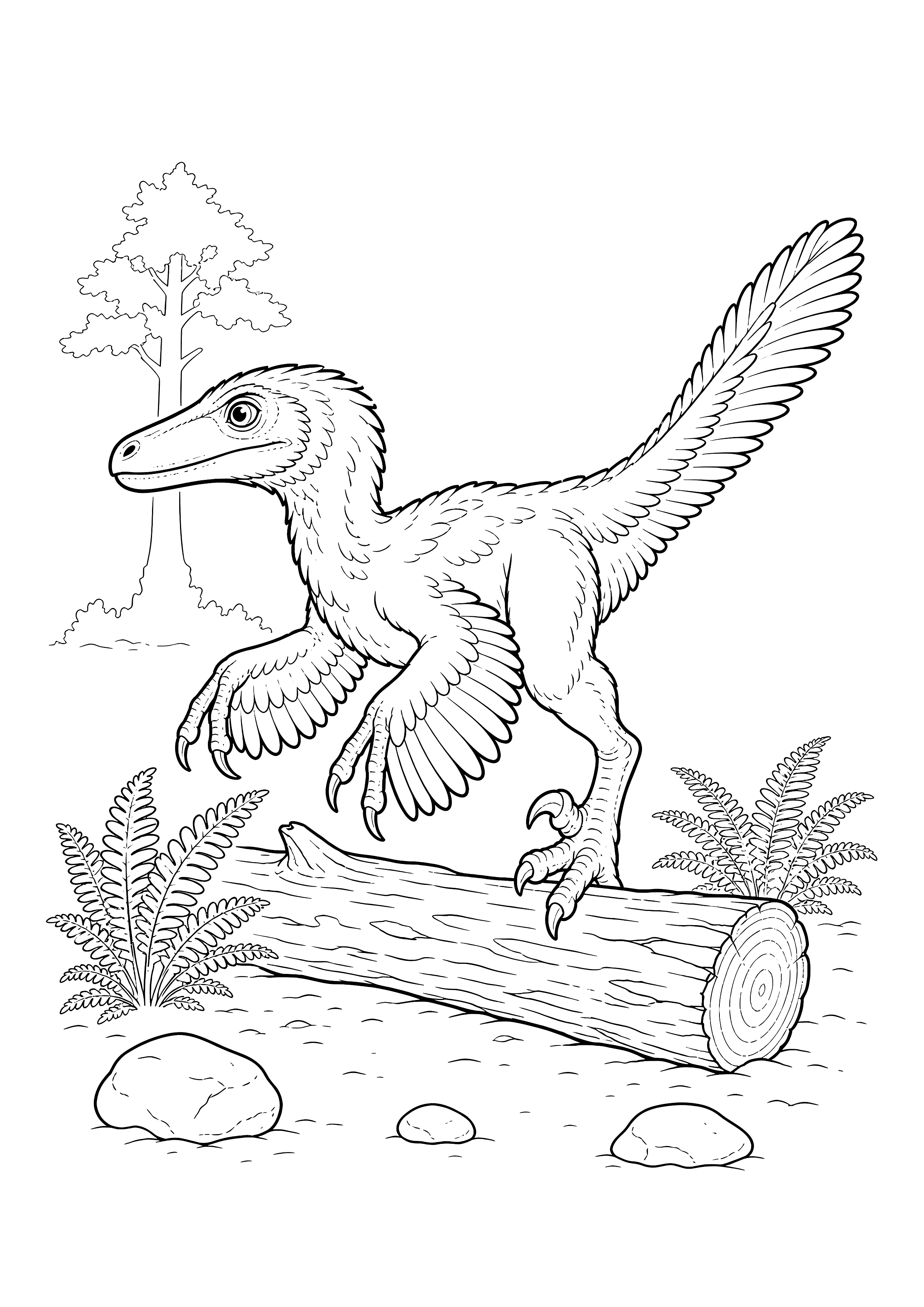 Gefiederter Velociraptor — Ein gefiederter Velociraptor steigt aufmerksam über einen umgestürzten Baumstamm.