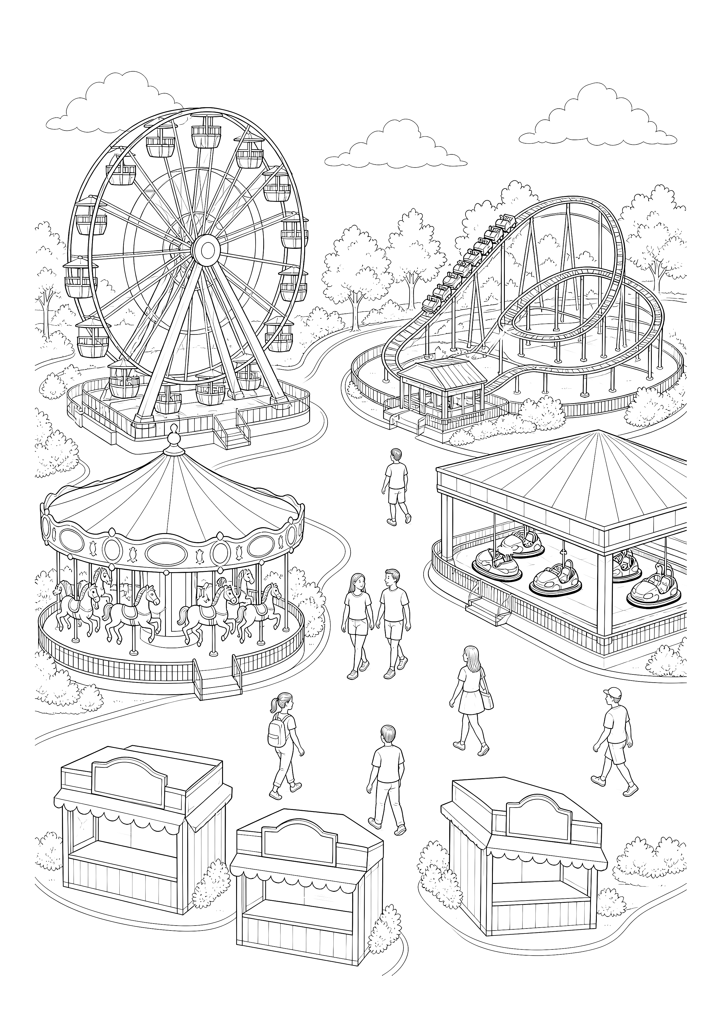 Großer Jahrmarkt mit vielen Fahrgeschäften — Ein großer Festplatz verbindet Riesenrad, Karussell, Achterbahn und Spielbuden.