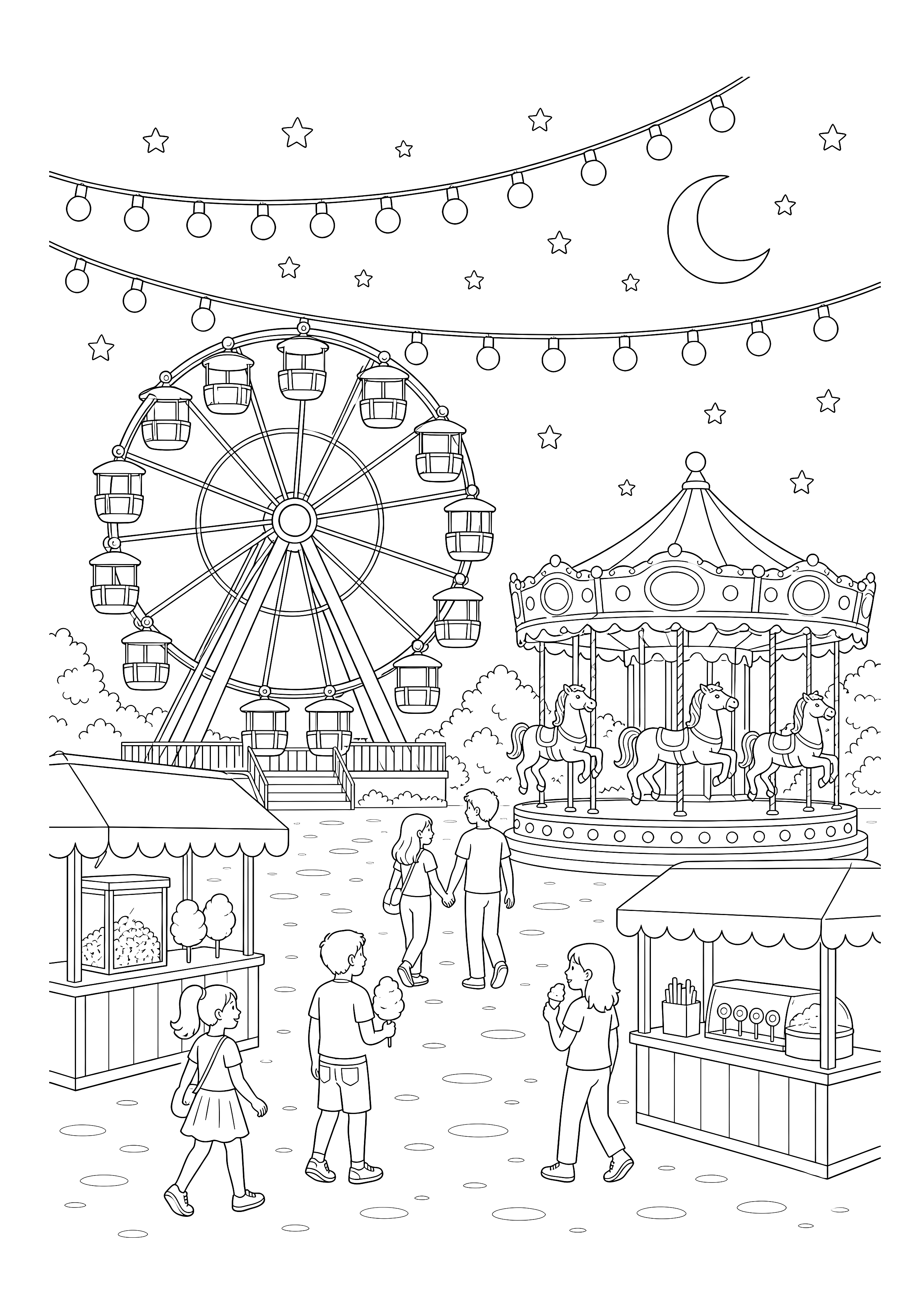 Jahrmarktlichter am Abend Ausmalbild — Umrissene Lichter schmücken Riesenrad, Karussell und Buden am Abend.