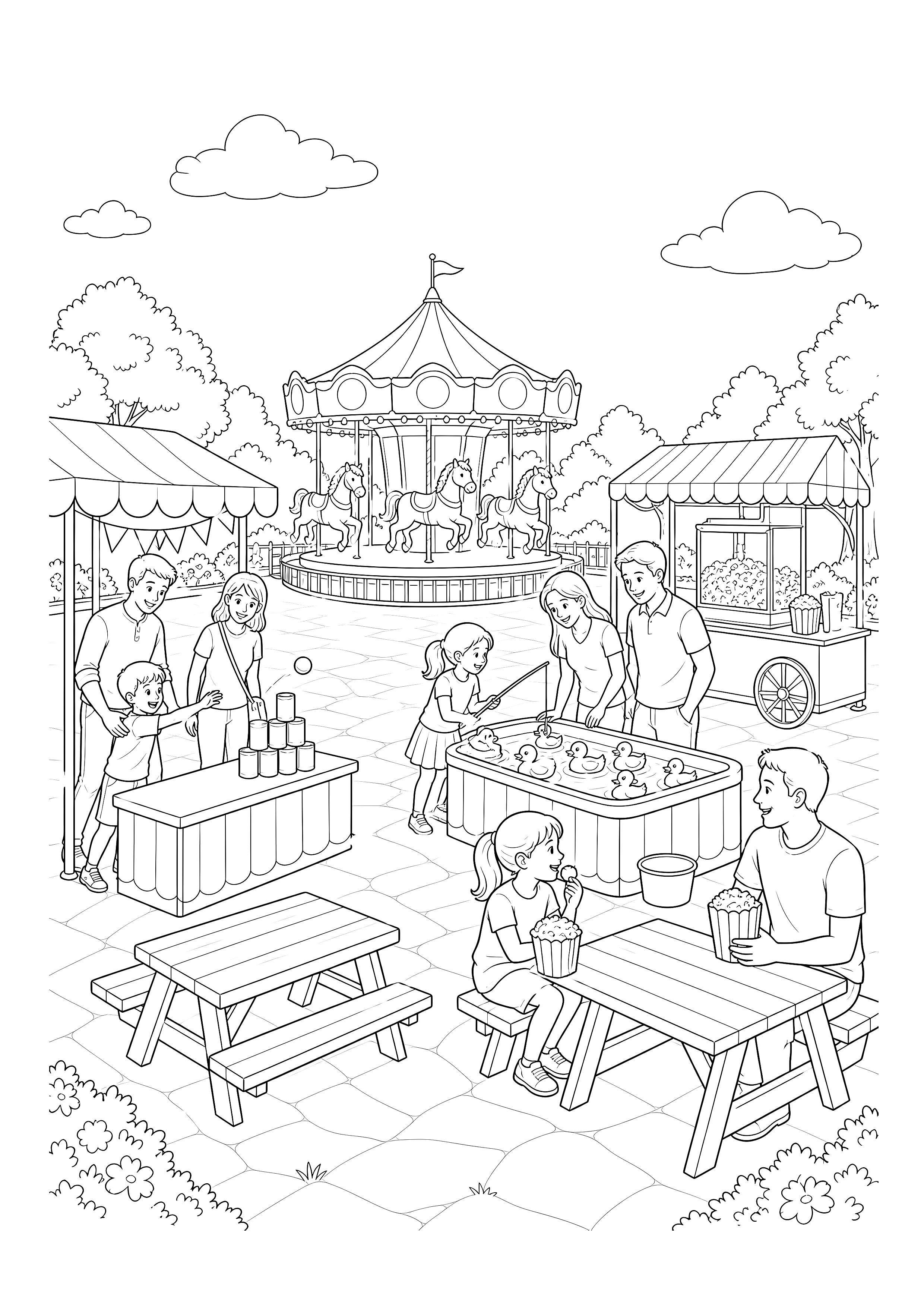 Familienfest auf dem Jahrmarkt — Familien besuchen Spiele, Karussell und Picknickplätze auf einem freundlichen Fest.
