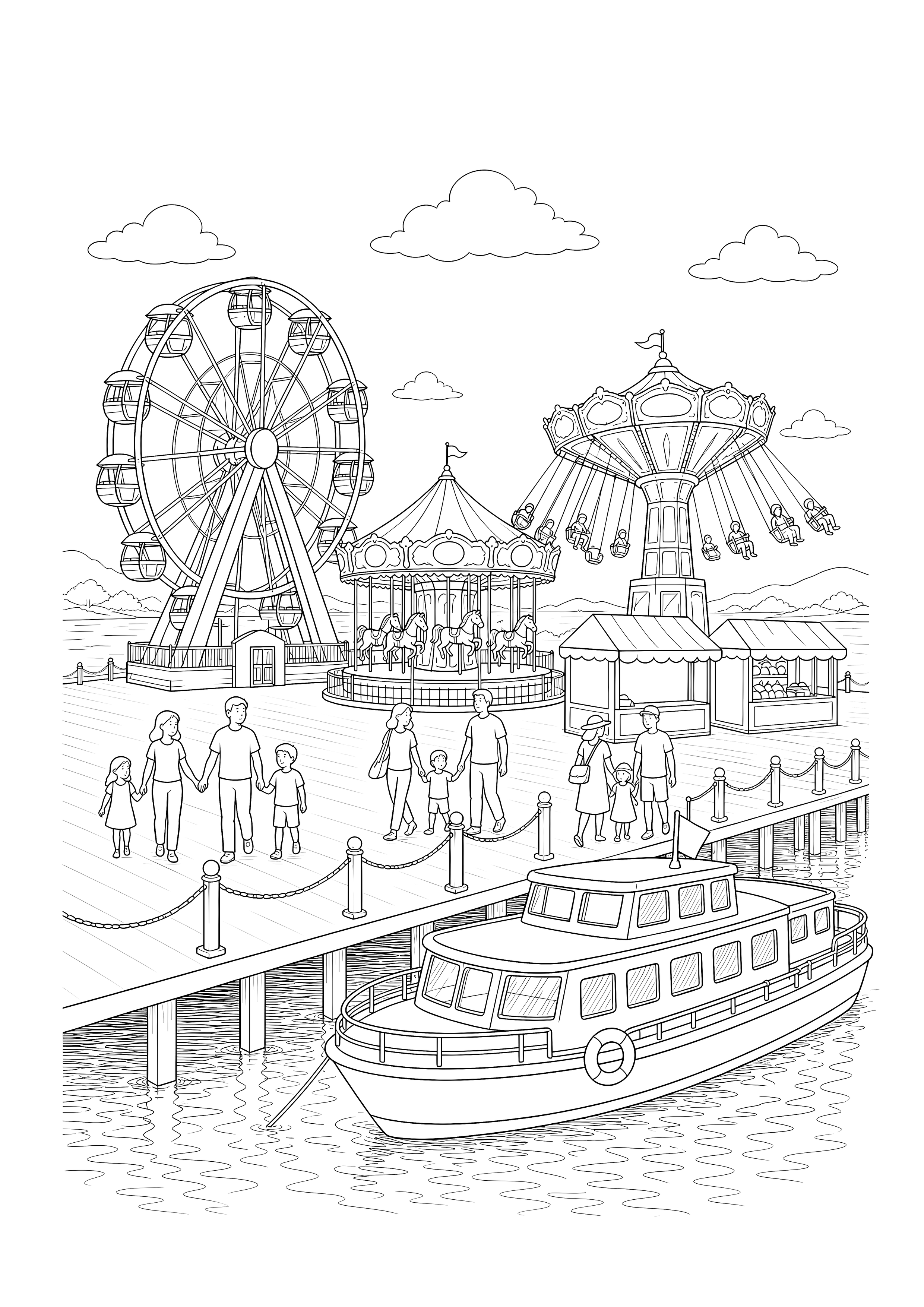 Rummelplatz am Wasser Ausmalbild — Fahrgeschäfte und Buden stehen an einer Promenade mit Steg und Ausflugsboot.
